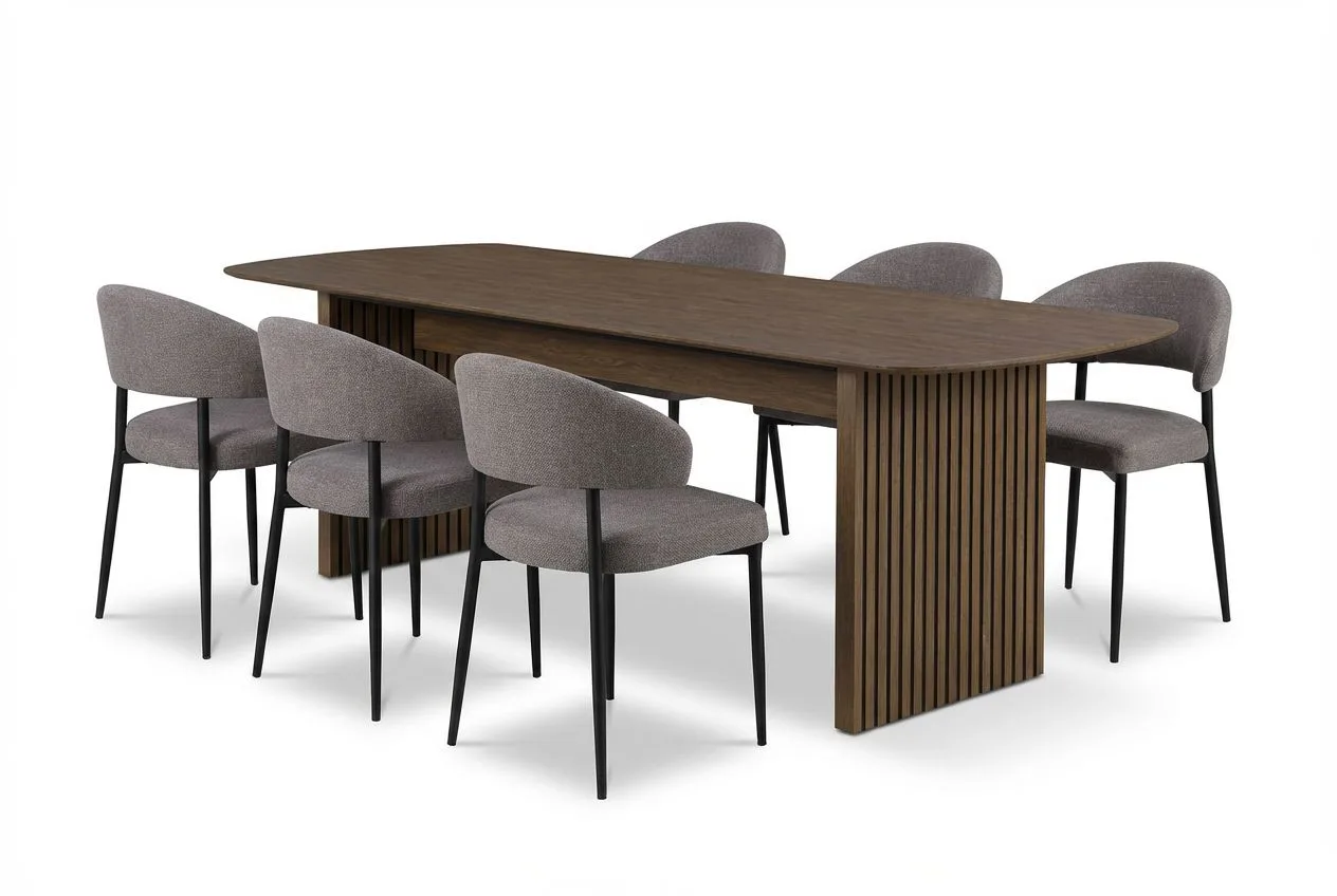 Richeto Matbord Rökt Ek 240 cm med 6 Sawako Greige Stolar - Rökt ek/Greige
