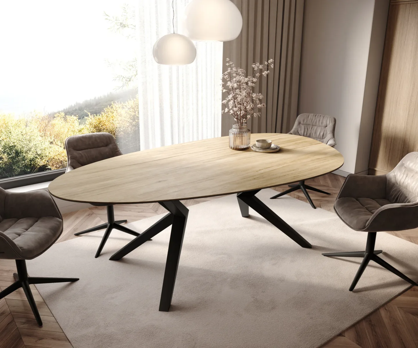 Esstisch Edge Oval 220x120 Keramik Laminam® Sabbia Eichefarbig Zenthara kantig Metall Schwarz