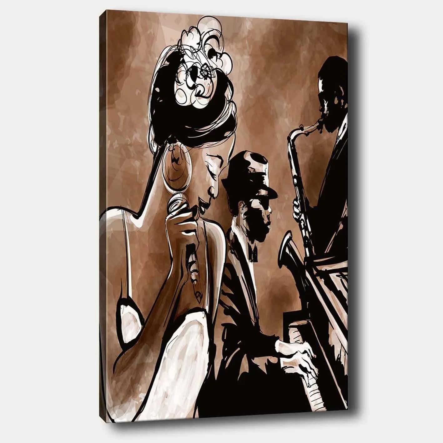 Canvastavla 70x100 cm - Jazzsångerska som framför en låt med musiker i bakgrunden - Brun / Svart / Vit