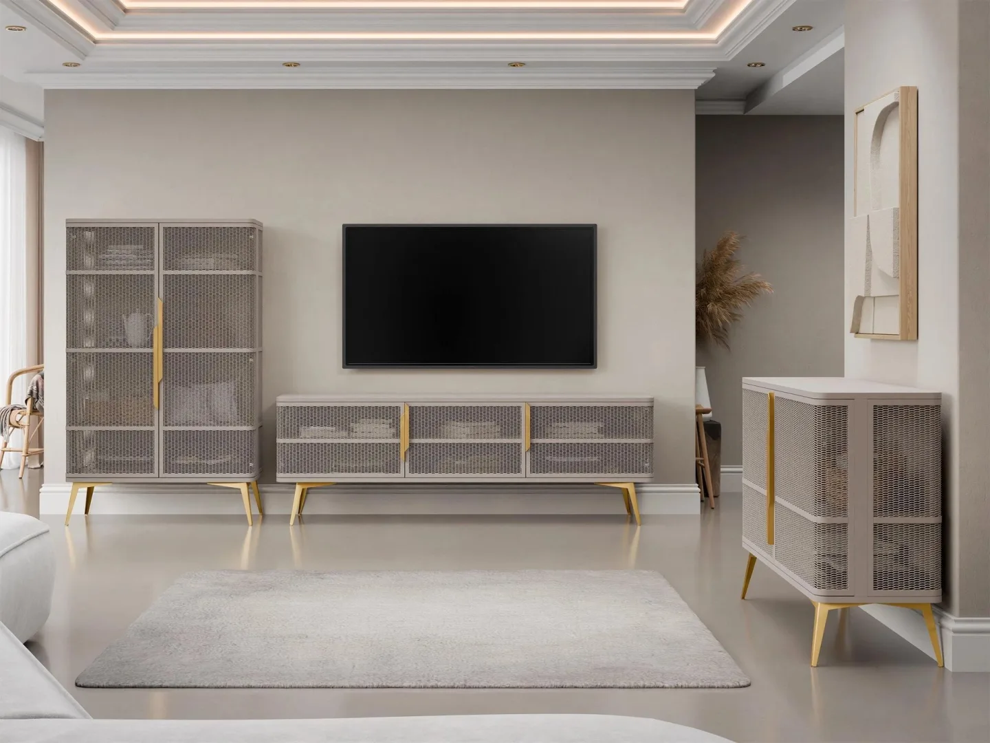 Mireva Möbelset vardagsrum - Tv-bänk, vitrinskåp och skänk - beige, guld