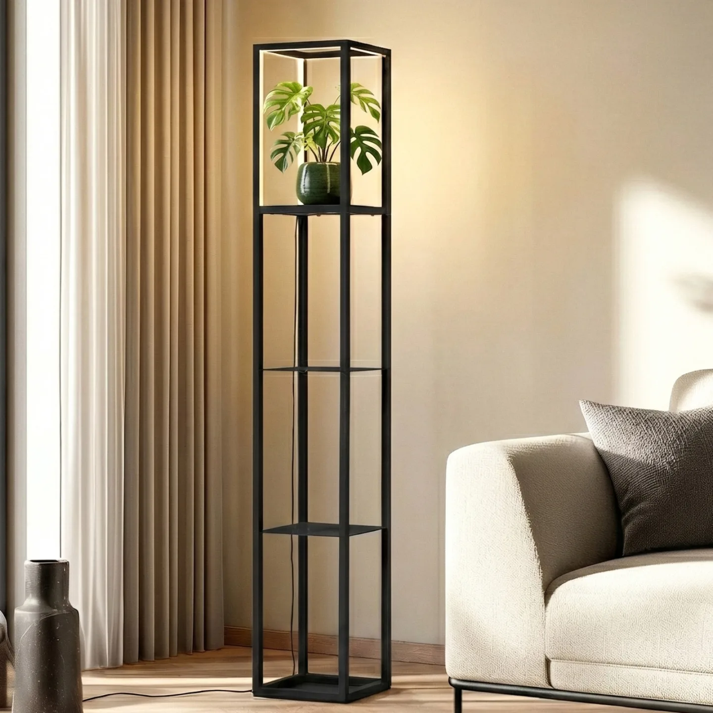 Birta LED-Stehleuchte, Höhe 155 cm, Regal, stehend - Lindby - Wohnzimmer - Modern - Metall - Eckig