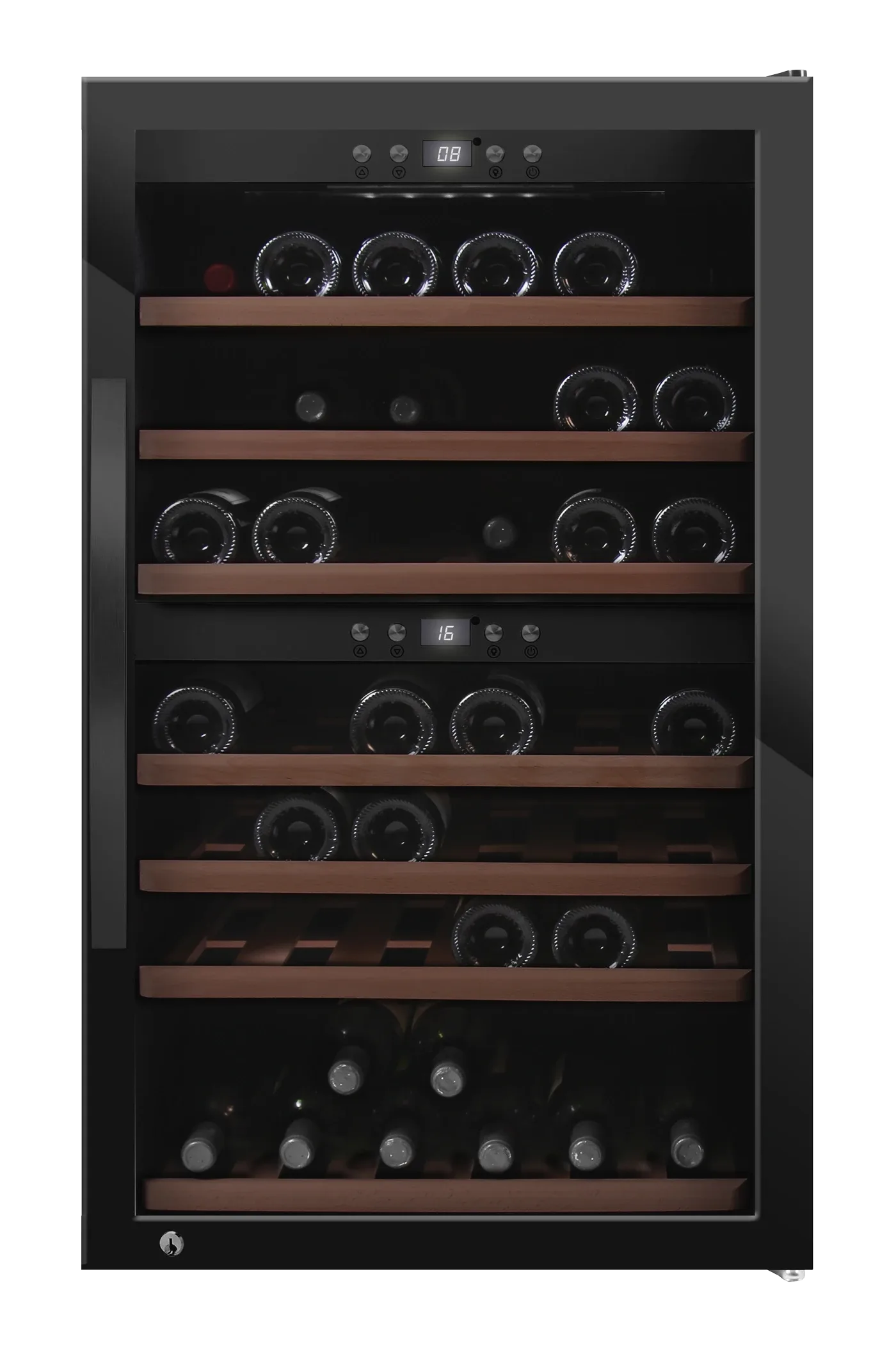 Weinkühlschrank freistehender abschließbarer , mQuvée WineExpert 66 Fullglass Black, schwarz, 2 Temperaturzonen, 66 Flaschen