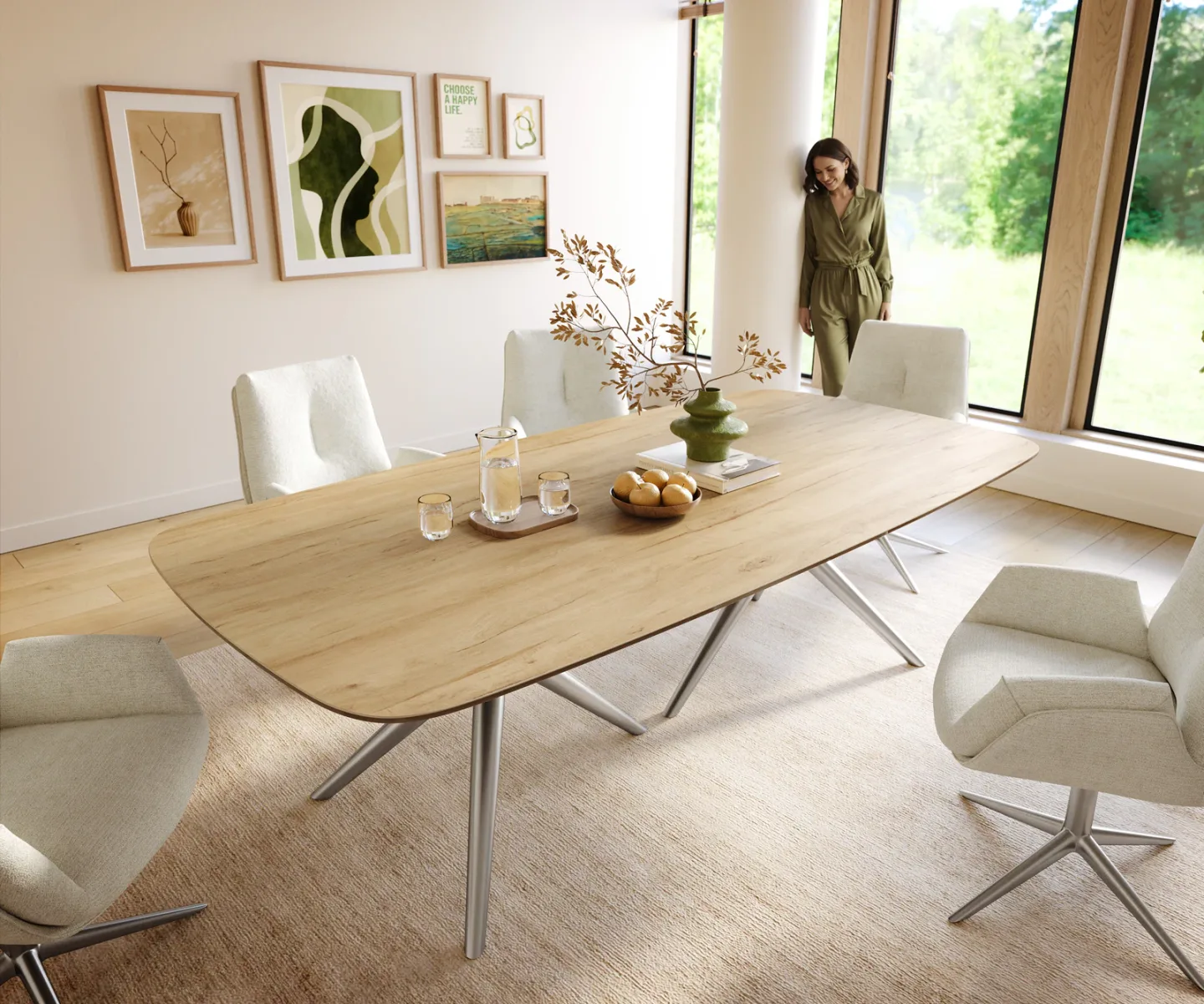 Esstisch Edge Boot 240x120 cm Keramik Laminam® Sabbia Eichefarbig Estelar rund Edelstahl