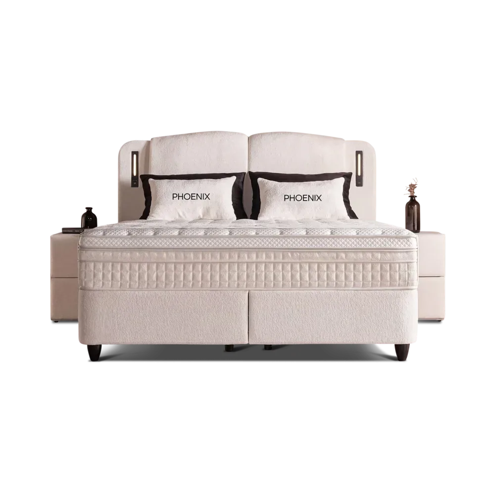 Premium Boxspringbett 140×200 komplett mit Matratze, Topper & Bettkasten, Bouclé Beige, Phoenix