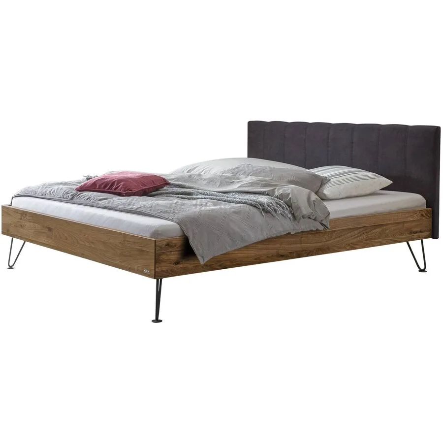 Hasena Bett Magni Schwarz, Natur Nussbaum, Stoff, Metall Massivholz 140 x 200 cm
