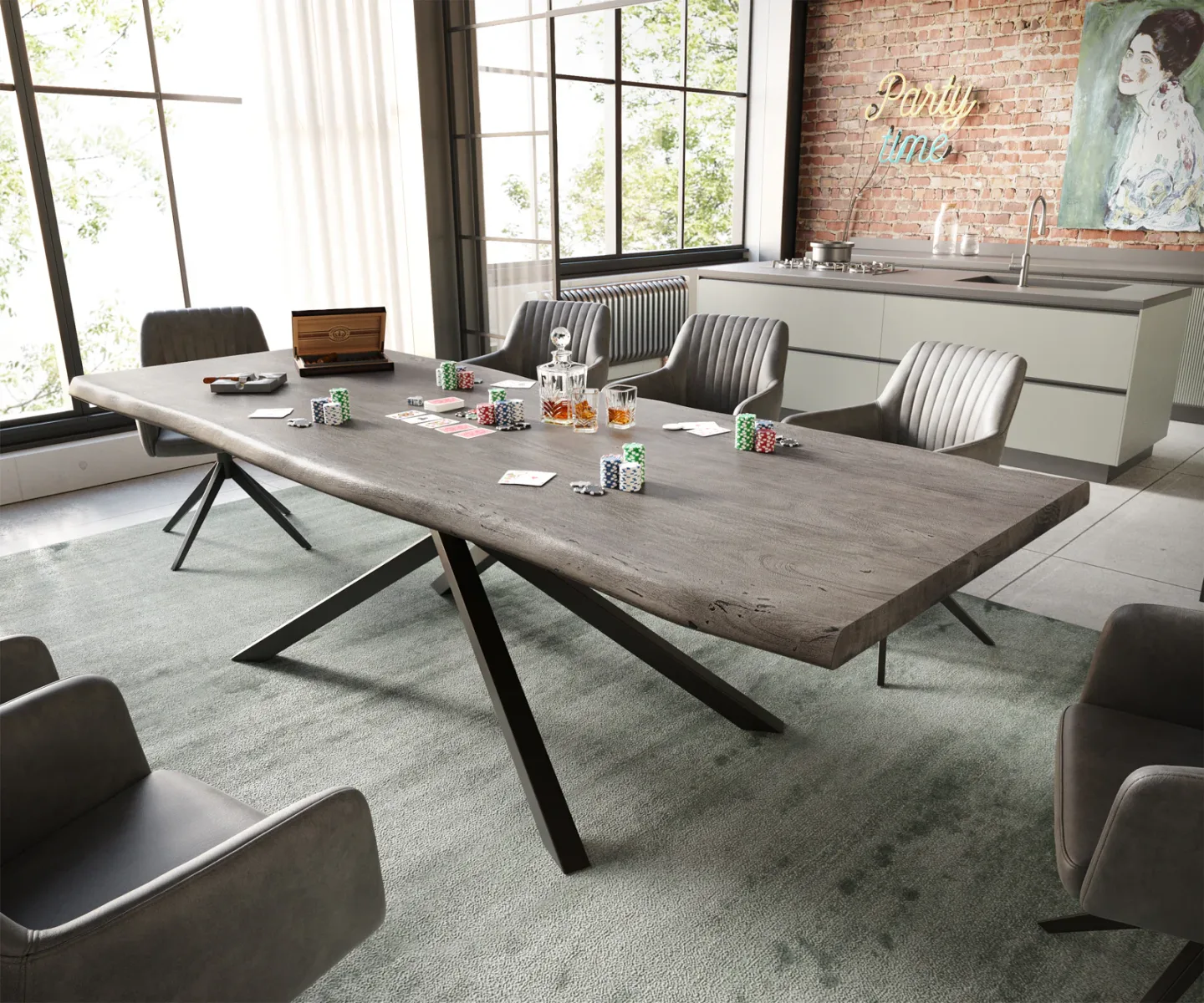 Esstisch Edge 260x100 XL Akazie Platin Kreuzgestell Rechteck Schwarz Live-Edge