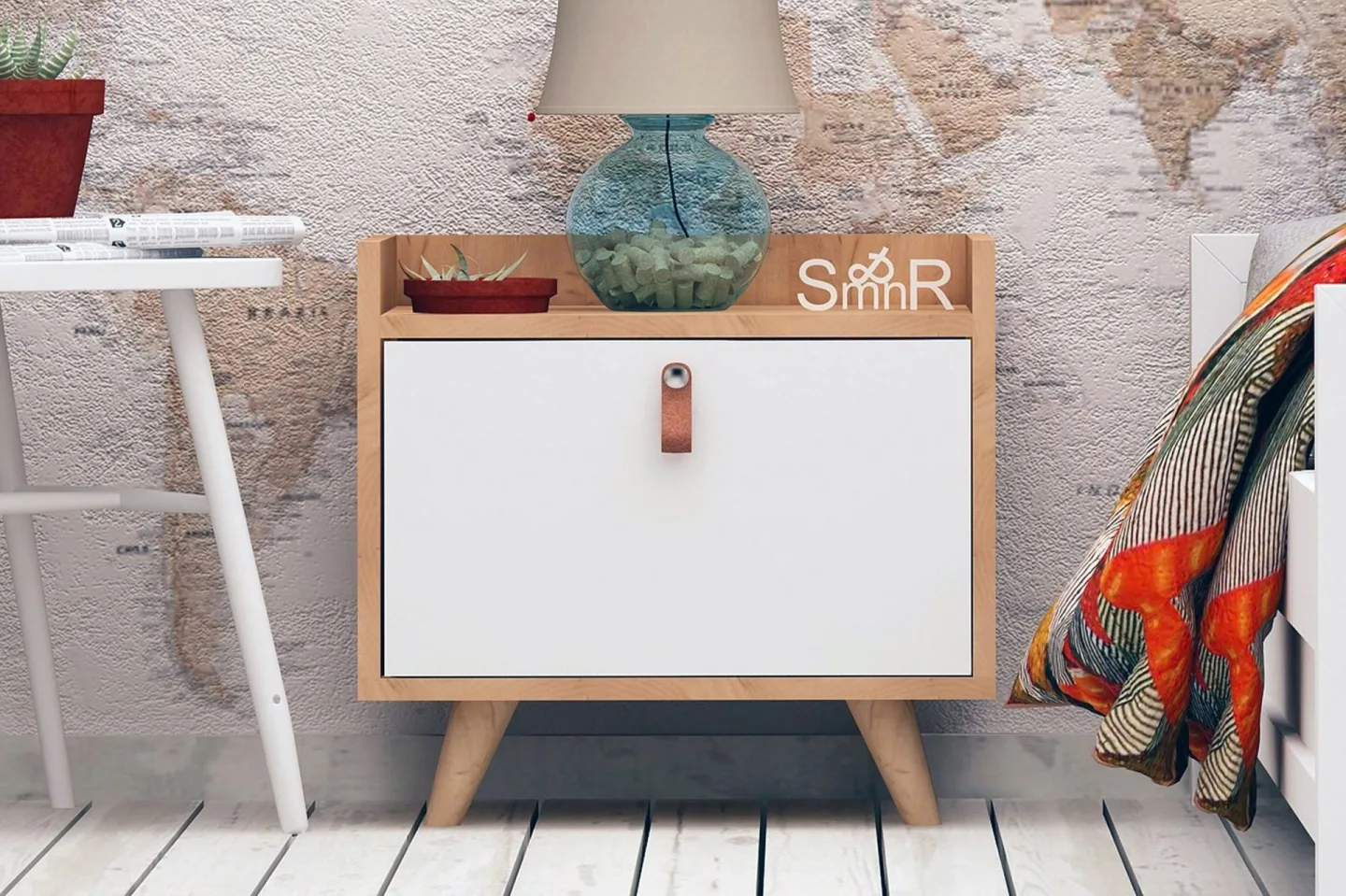 Mod Design Sängbord 50 cm med Förvaring Skåp Läderbeslag - Trä/Vit