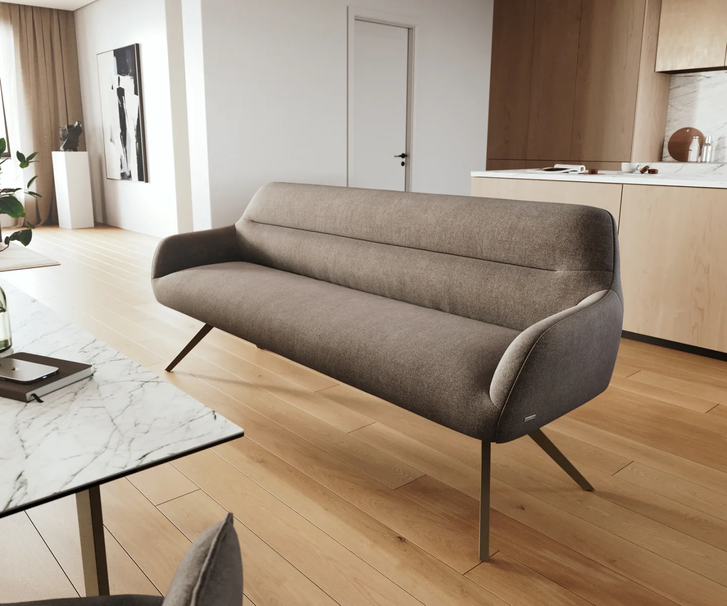 Esszimmerbank Taya-Flex 200 cm Strukturstoff Soft Taupe Kreuzgestell kantig Effektfinish Titan Taschenfederkern