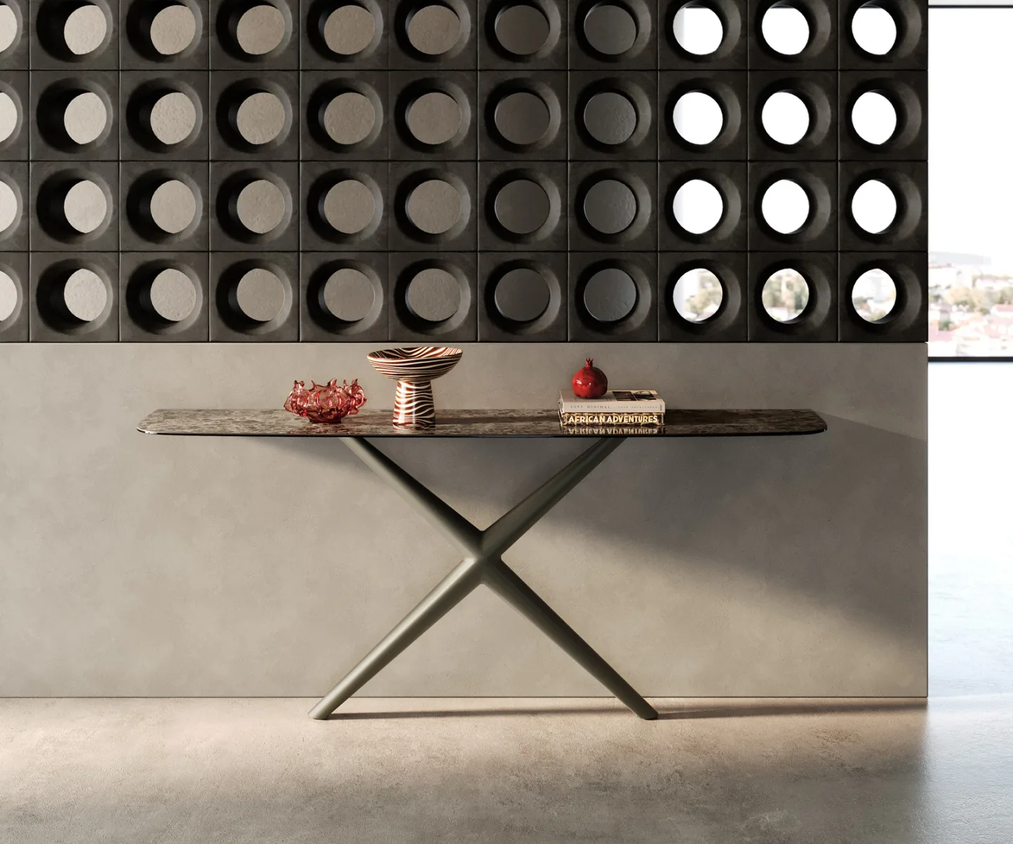 Konsolentisch Edge Boot 180x40 cm Keramik Emperador Extra Lucidato Dunkelbraun Estelo Metall Effektfinish Titan