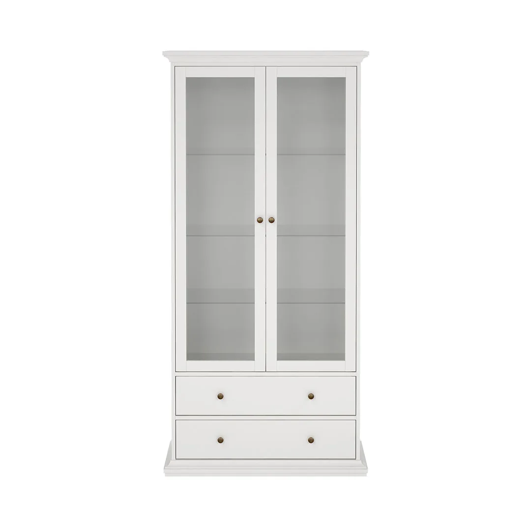 Venedig Vitrinenschrank 2-Türig mit 2 Schubladen, Breite 97 cm, Höhe 201 cm weiß.