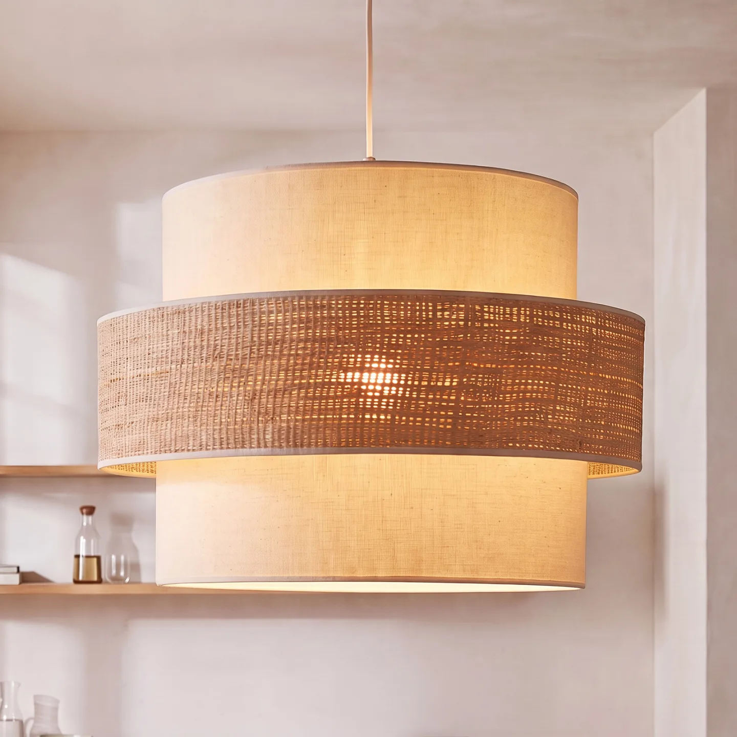 Space hänglampa, ecru/beige, 1 lampa, textil, E27 – Duolla - Sovrum - Ung livsstil - Tyg / textil - Med en ljuskälla