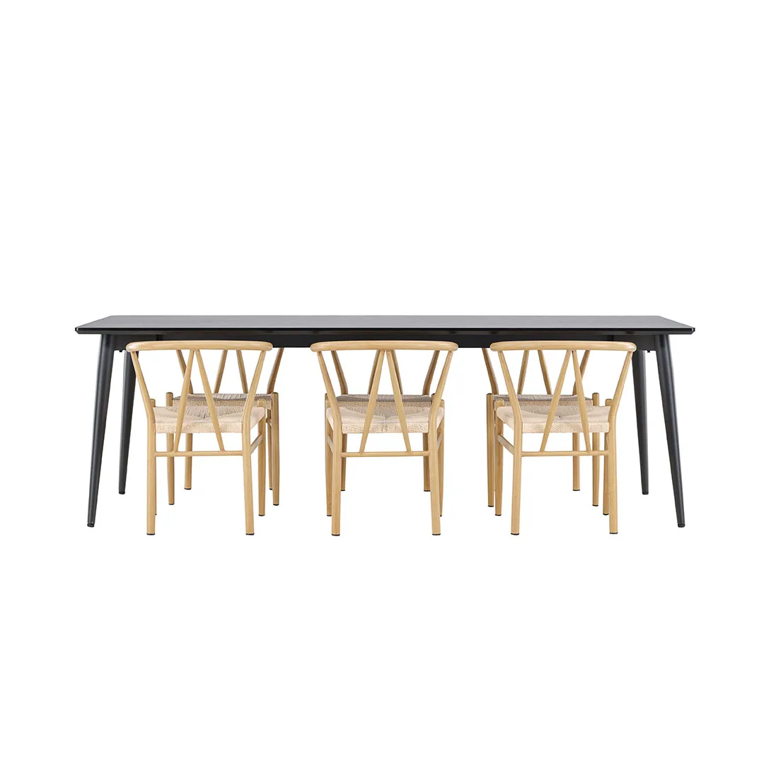 Ellis Essgruppe Tisch 85x230cm und 6 Rattan Stühle mit Armlehnen stapelbar schwarz.