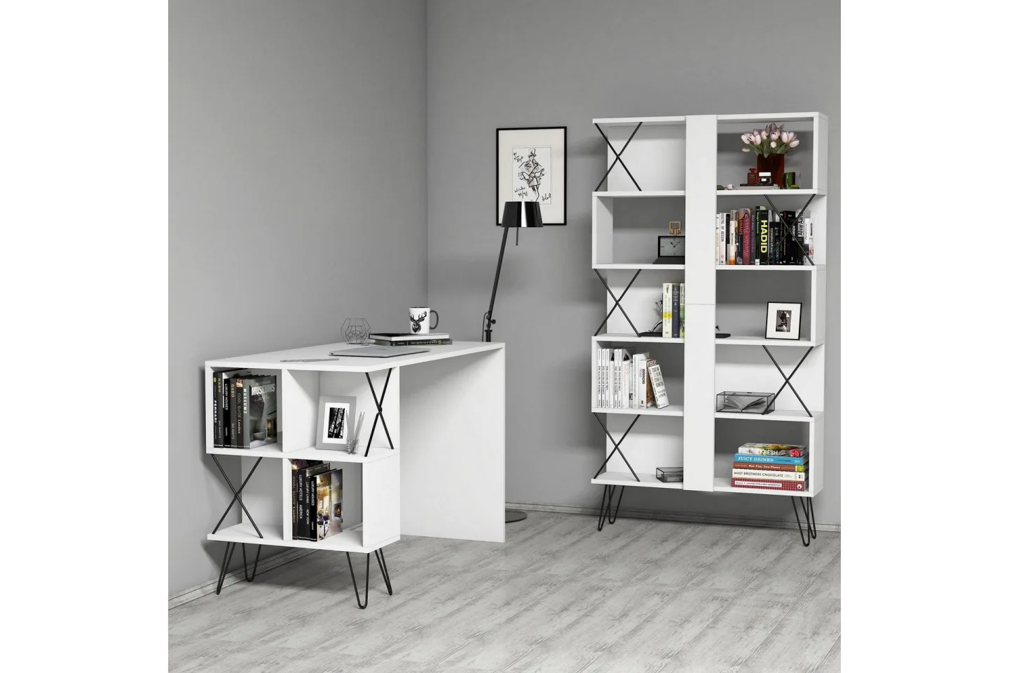 Hovdane Skrivbord 120 cm med Förvaring Hylla + Bokhylla - Extra Vit