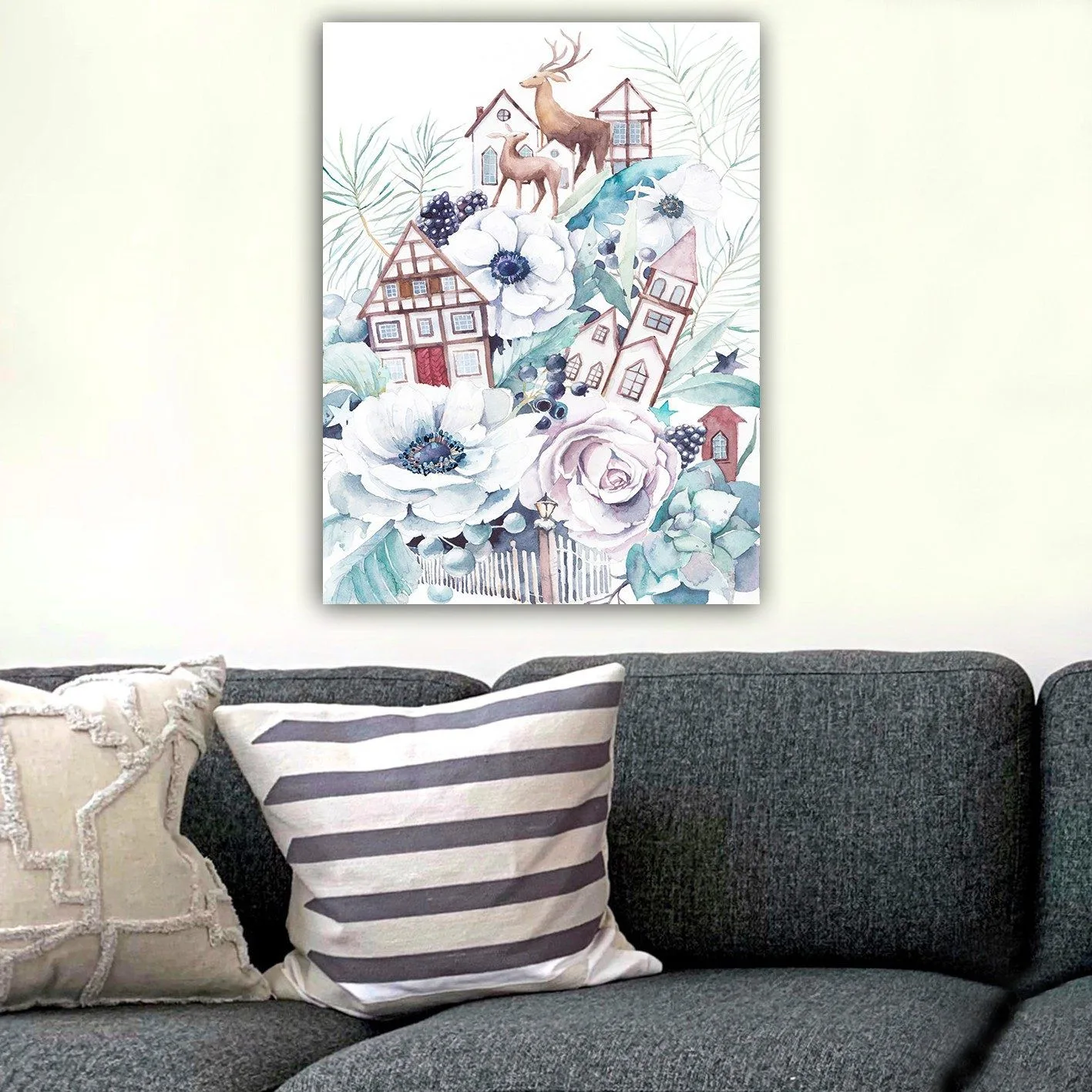 Canvastavla 70x100 cm - Färgglad komposition med blommor, hus och djur i en harmonisk landskapsdesign - Vit / Grön / Brun
