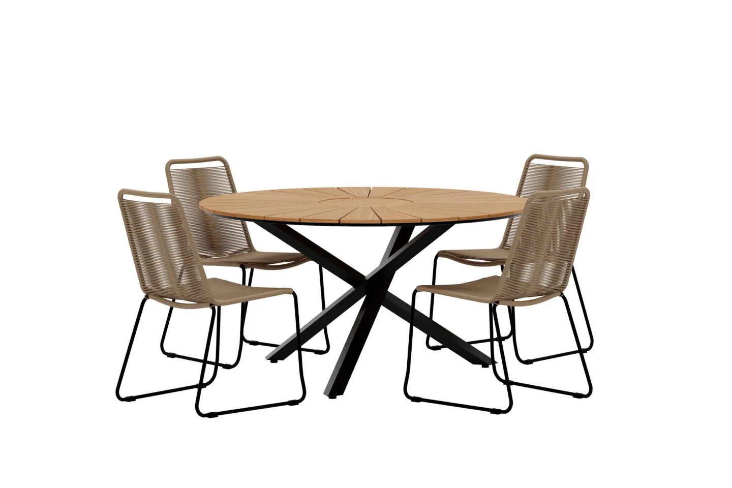 Mexico Gartenset Tisch Ø140 cm Natur 4 Stühle braun.