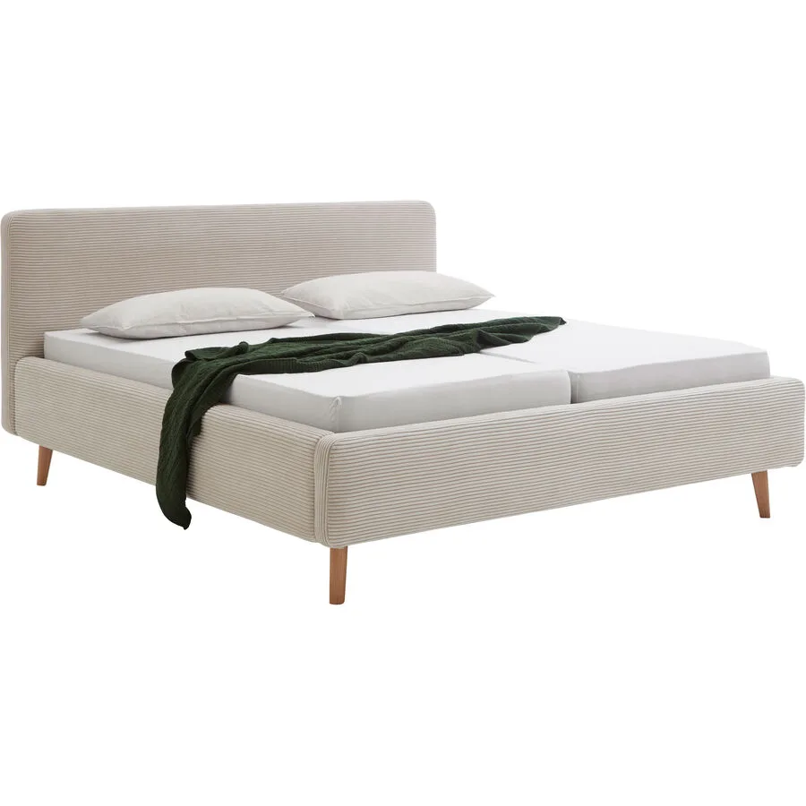 Bett Senja Beige, Natur Stoff, Eiche Massivholz 140 x 200 cm