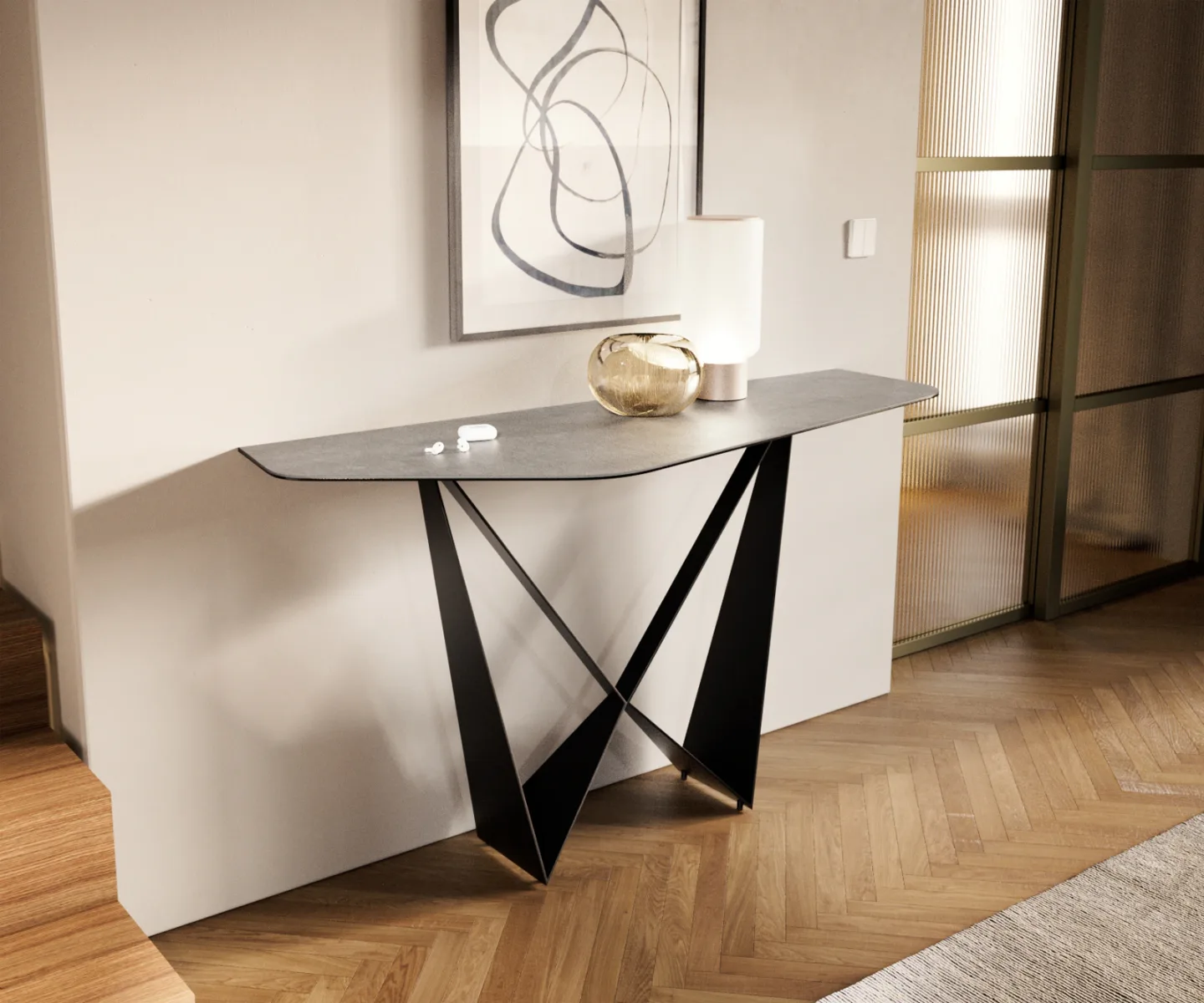 Konsolentisch Edge Polygonal 140x50 cm Keramik Beton Grau Spios Metall Schwarz