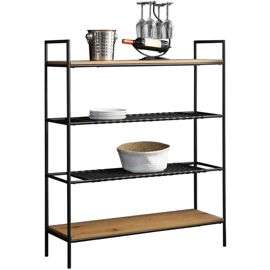 Regal Josua natur, schwarz MDF, Polyrattan, Metall B 110 H 129 cm