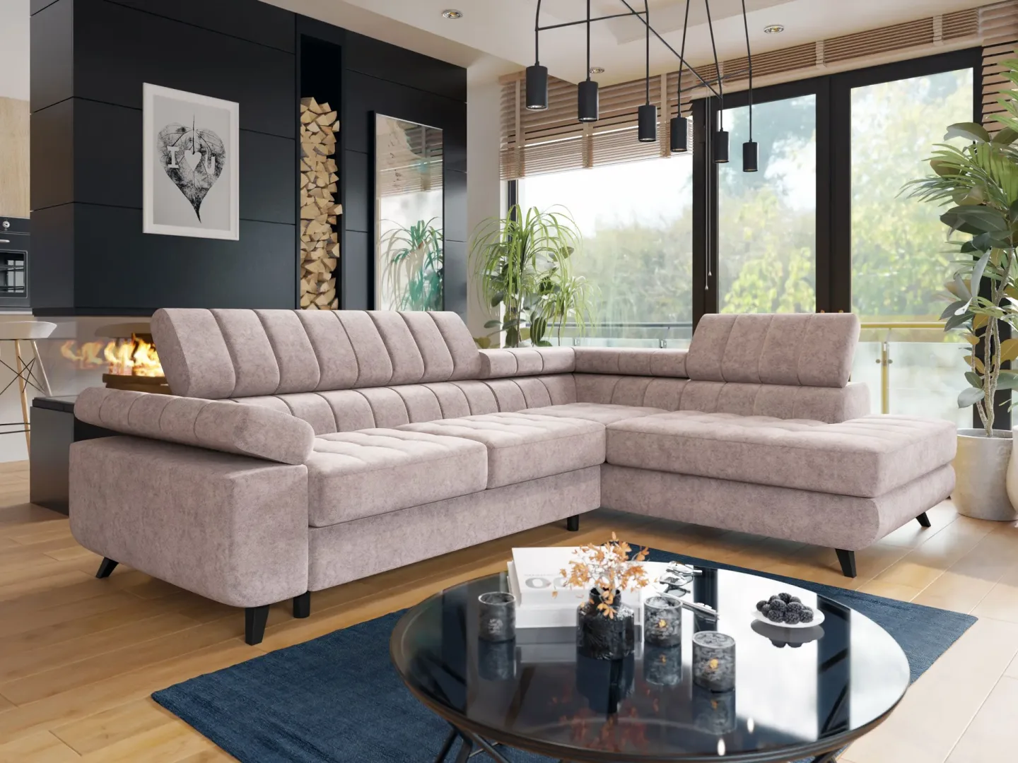 Amshyttan Bäddsoffa med Schäslong 4-sits - Rosa