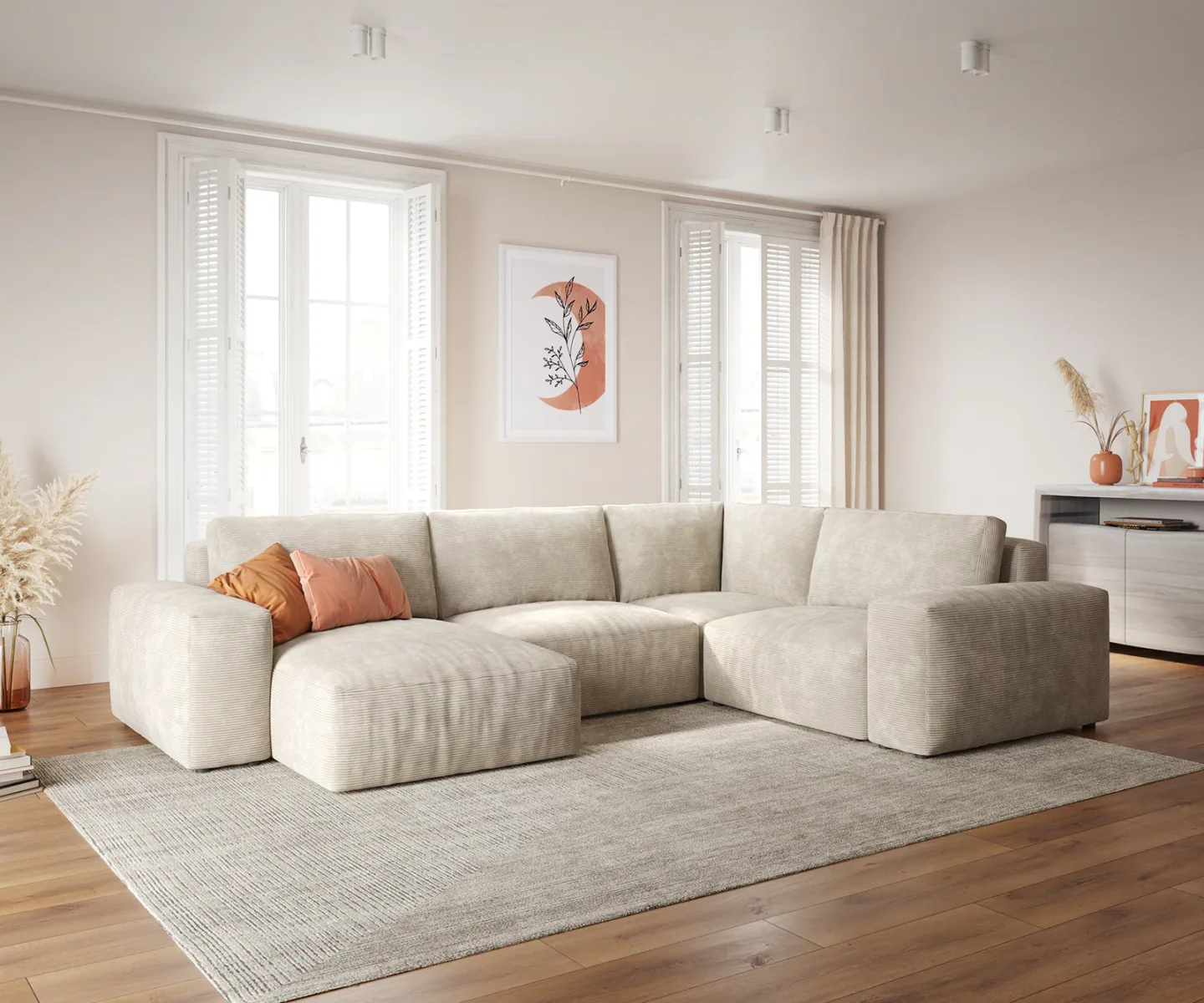 Wohnlandschaft Lanzo 300x210 cm Cord Beige Recamiere variabel
