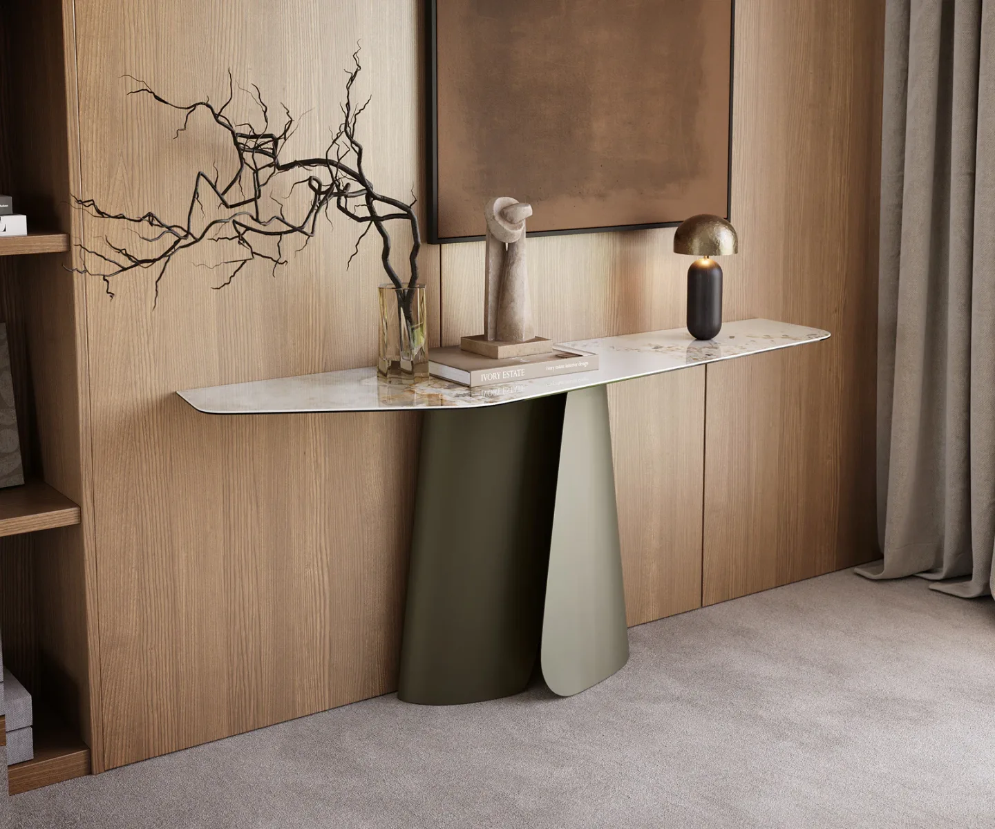 Konsolentisch Edge Polygonal 180x50 cm Keramik Minas Melange Weiß-Beige Livos Metall Effektfinish Titan