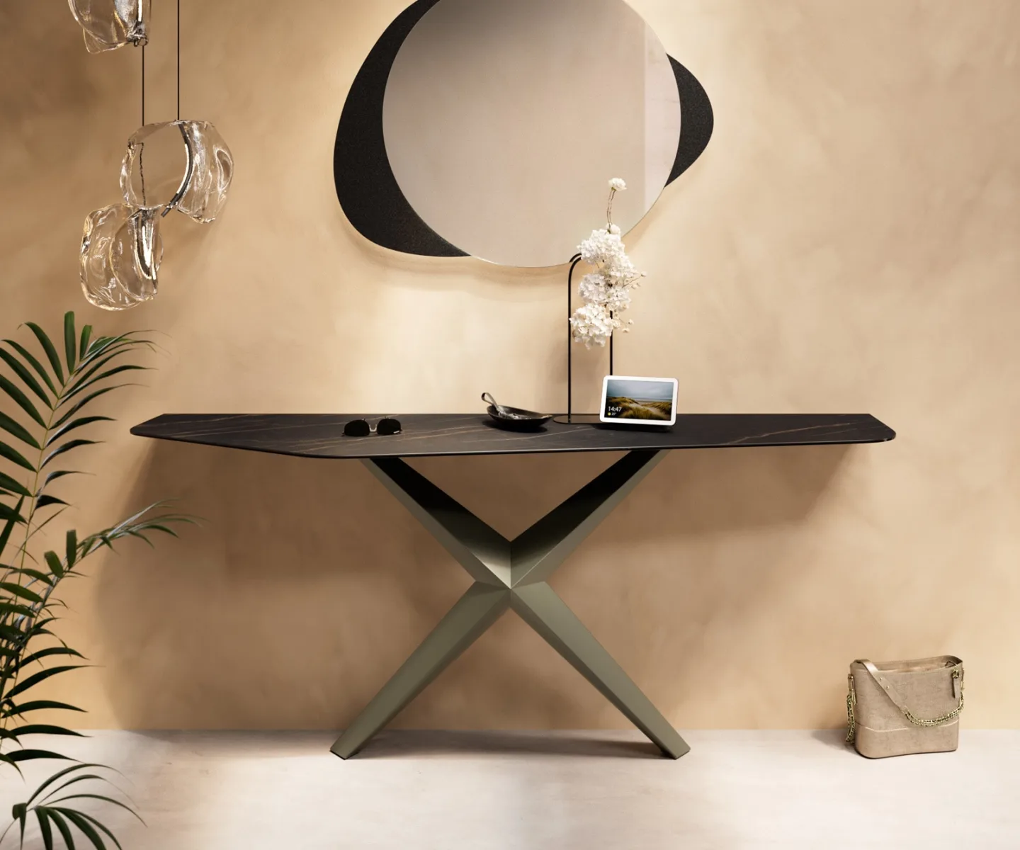 Konsolentisch Edge Polygonal 180x50 cm Keramik Laminam® Noir Desir Braun Zentharo Metall Effektfinish Titan