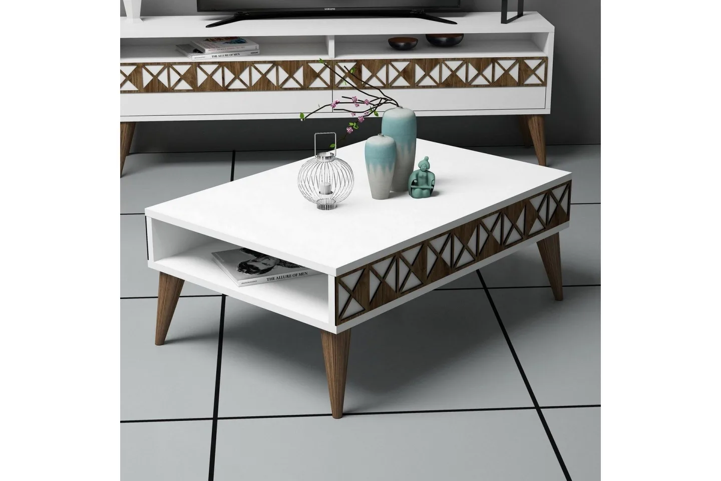 Muennink Soffbord 90 cm med Förvaring Hylla - Vit/Brun