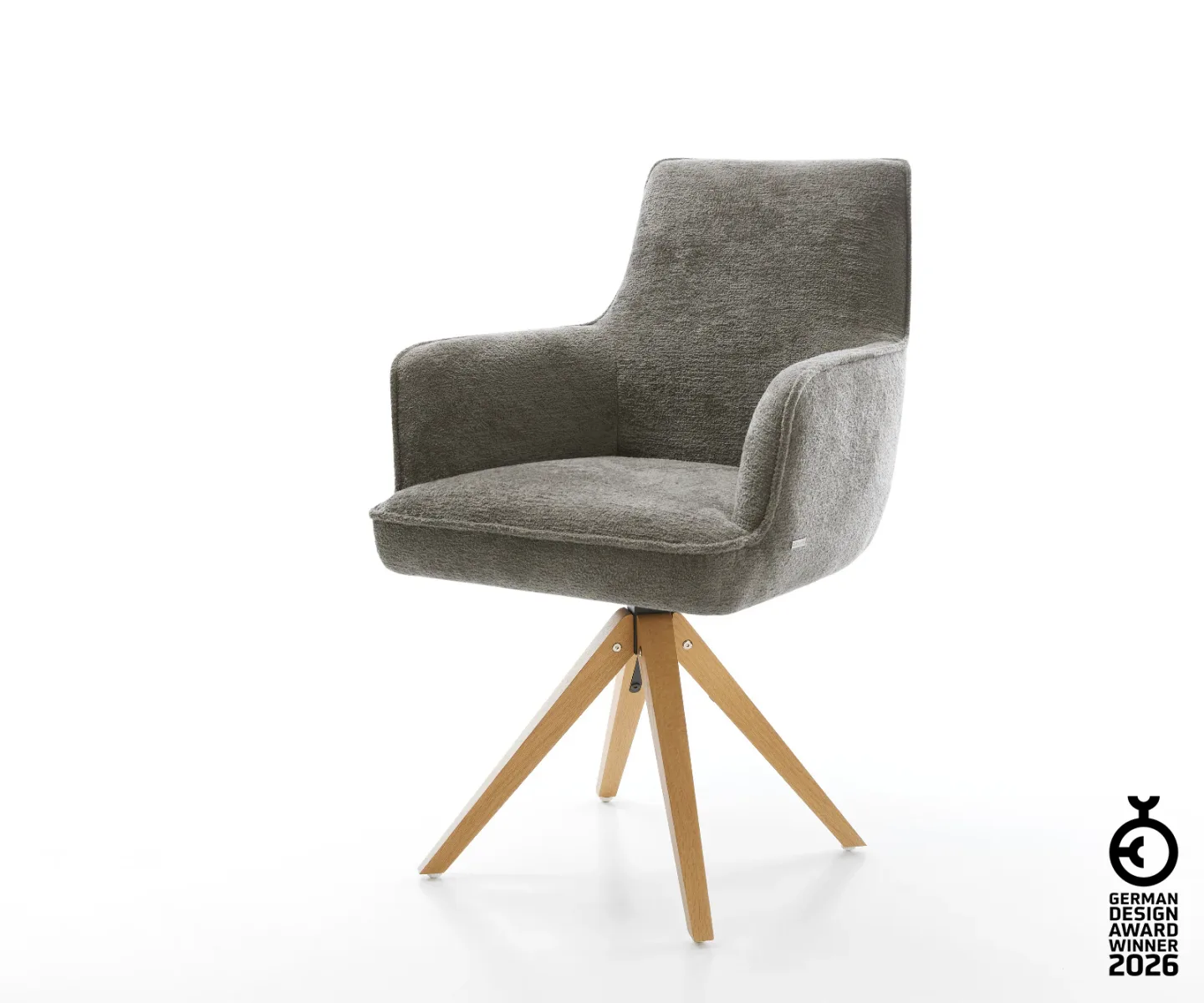 Drehstuhl Heira-Flex mit Armlehnen Bouclé Soft Schlamm Holzgestell kantig Natur 360° drehbar Taschenfederkern