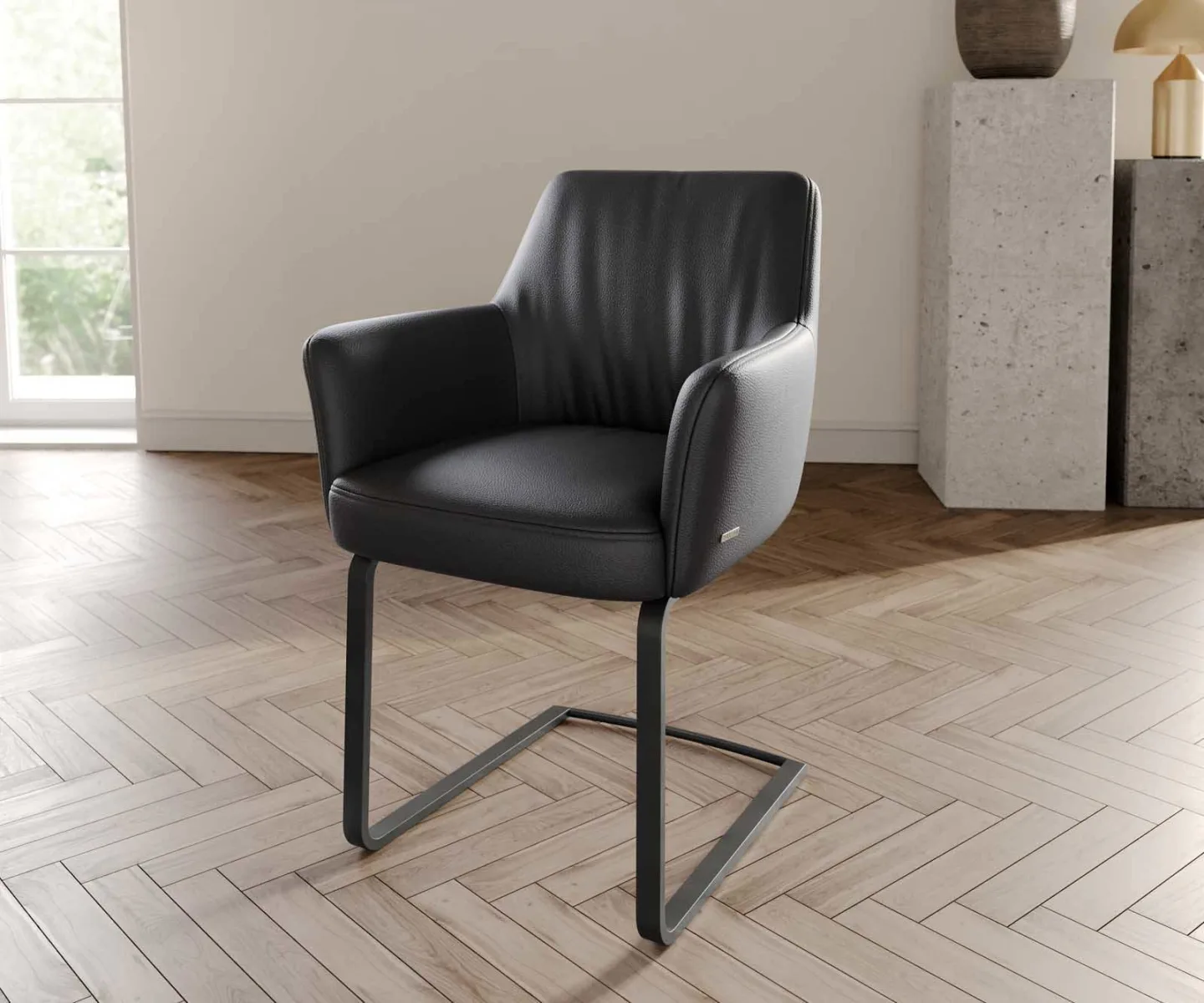 Freischwinger Xana-Flex mit Armlehnen Echt-Leder Schwarz Freischwinger flach Schwarz Taschenfederkern