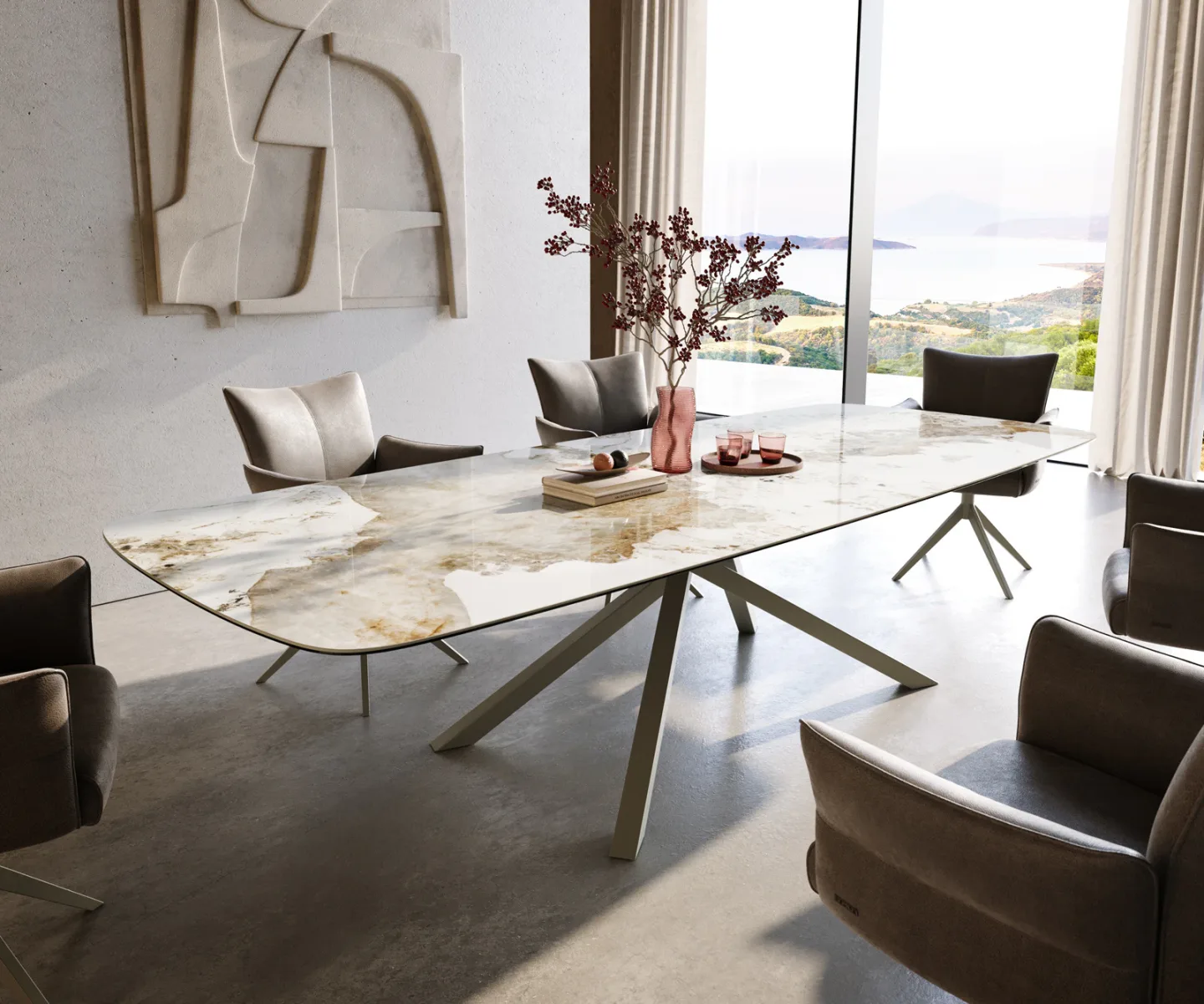 Esstisch Edge Boot 300x120 cm Keramik Minas Melange Weiß-Beige Kreuzgestell Rechteck Effektfinish Titan