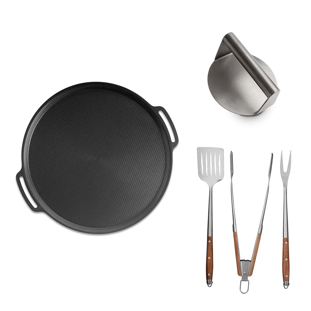 Pizza- og grillplade + grillredskaber + burger smasher
