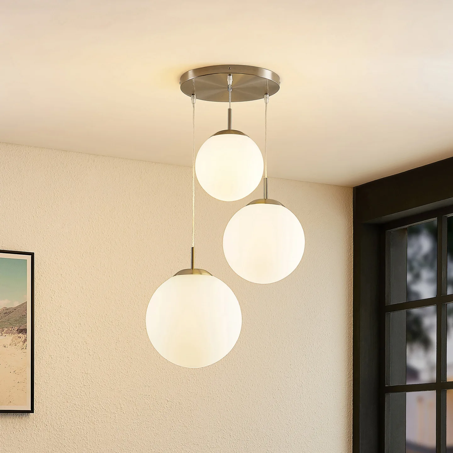 Heleska 3 Round Pendelleuchte Opal/Nickel - Lindby - Wohnzimmer - Modern - Glas - Mehrflammig