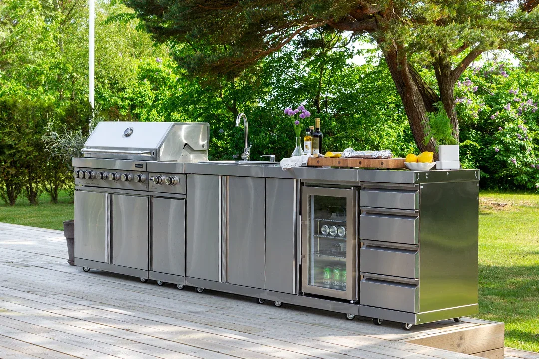 Outdoorküche mit Grill Edelstahl Oregon Myoutdoorkitchen Stainless Collection Kühlschrank Spüle Aufbewahrung