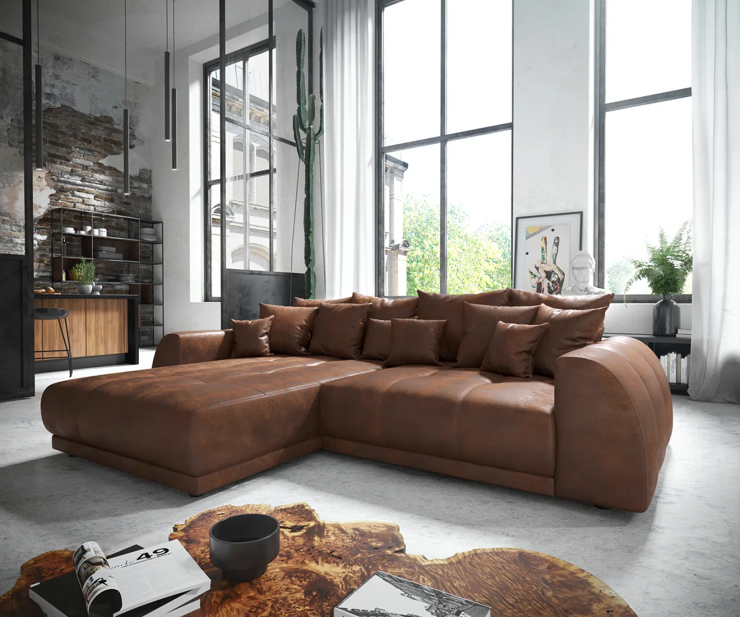 Eckcouch Violetta 300 x 220 cm Lederimitat Braun Recamiere variabel