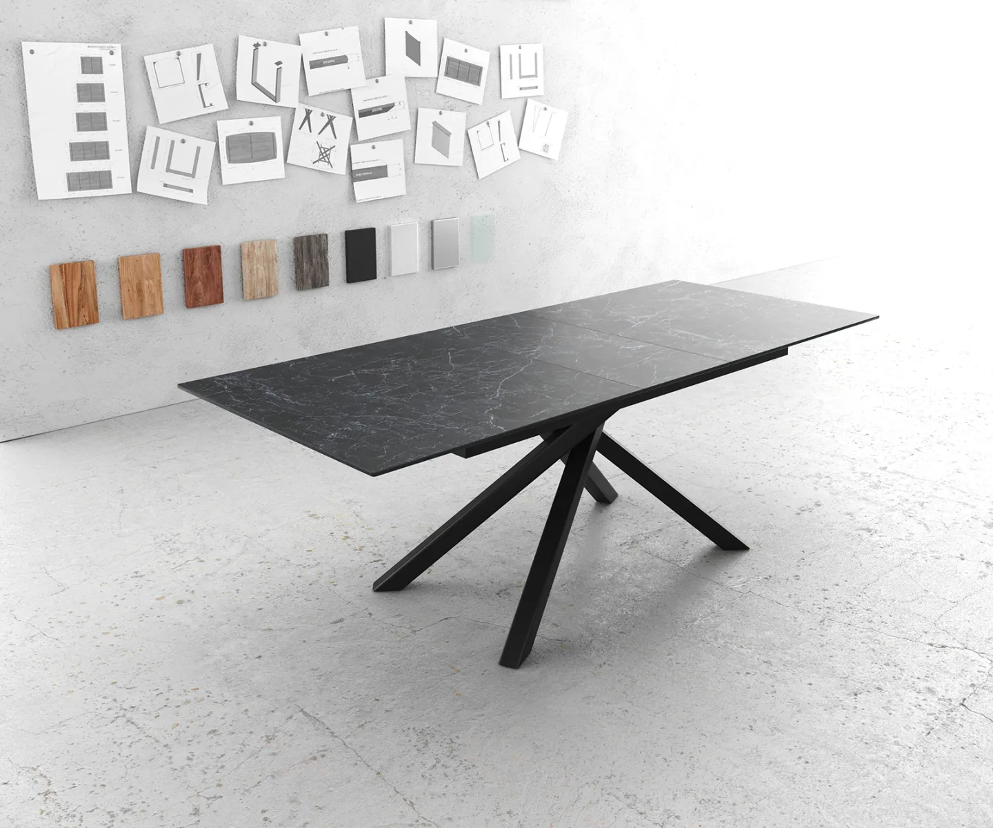 Esstisch Edge 180-220x100cm Keramik Laminam®Nero Greco Anthrazit Kreuzgestell Rechteck Schwarz ausziehbar