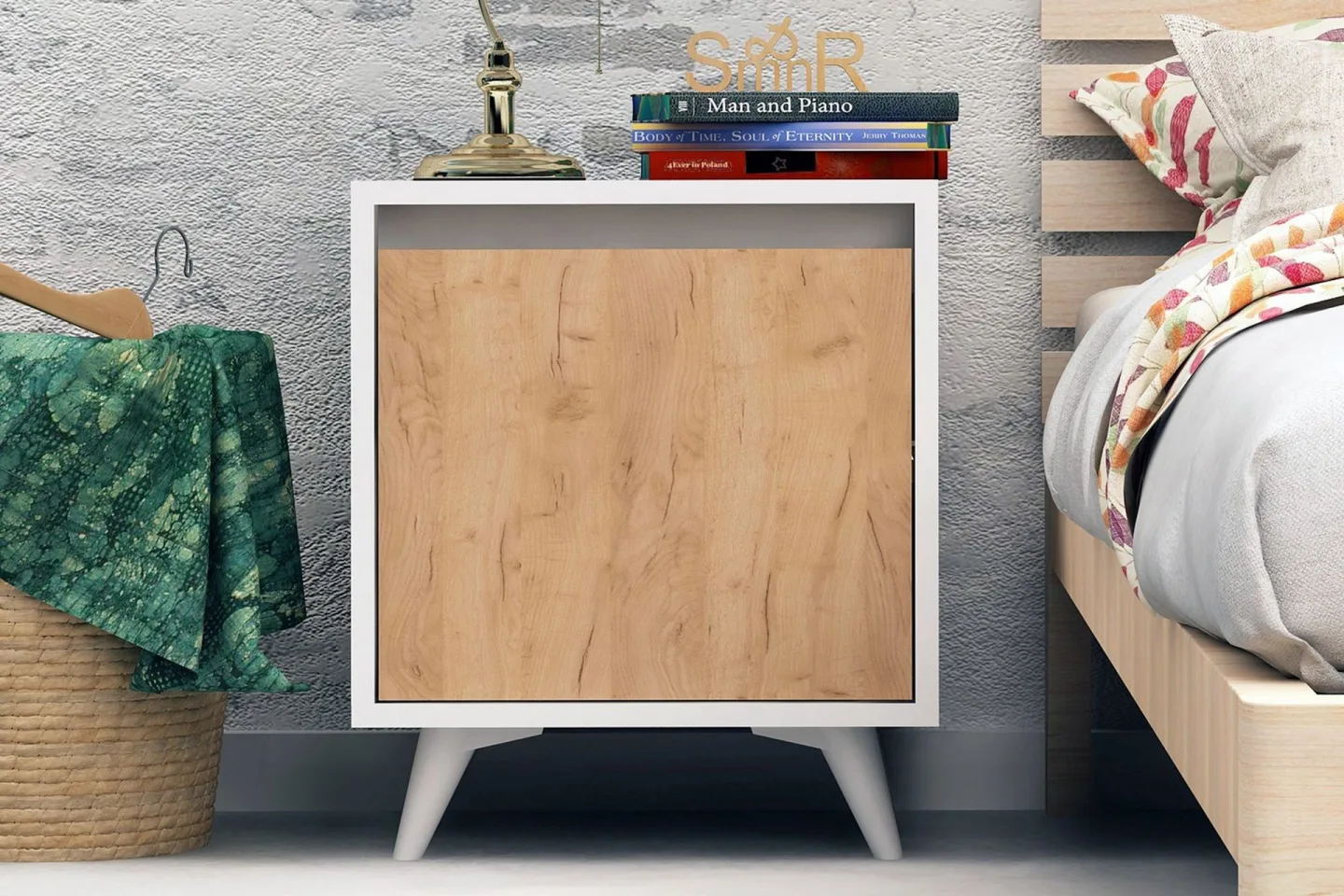 Mod Design Sängbord 45 cm med Förvaring Skåp - Trä/Vit