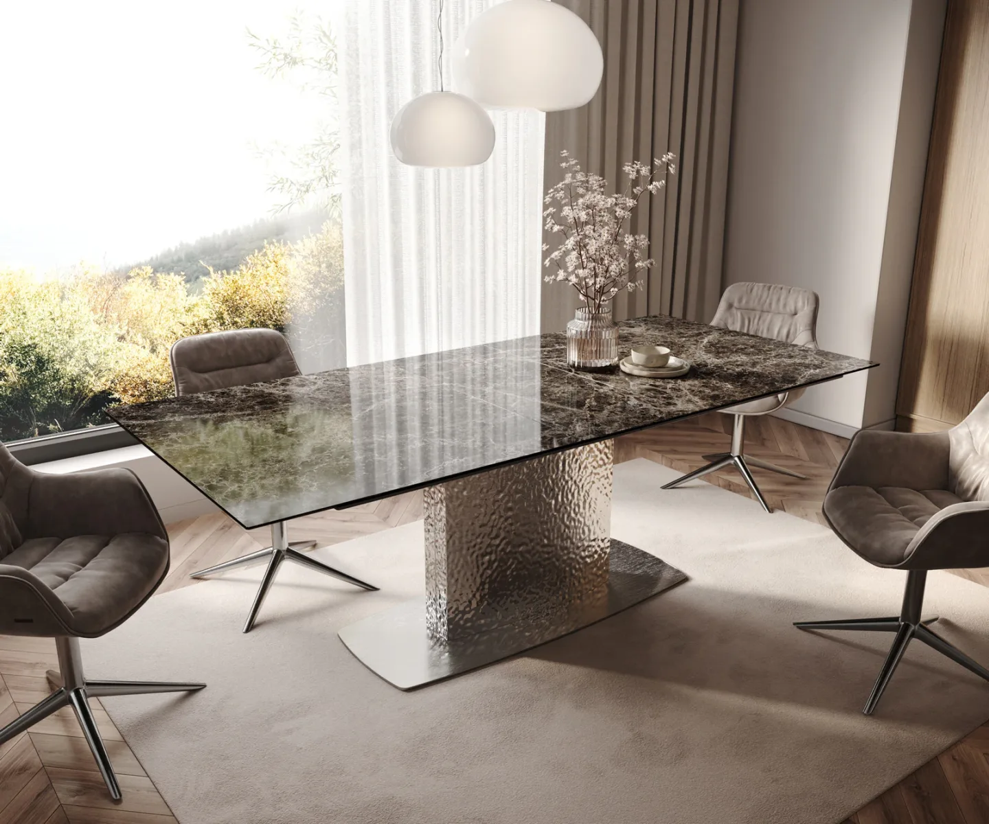 Esstisch Edge 180-220x100 Keramik Emperador Extra Lucidato Dunkelbraun Wave Edelstahl ausziehbar
