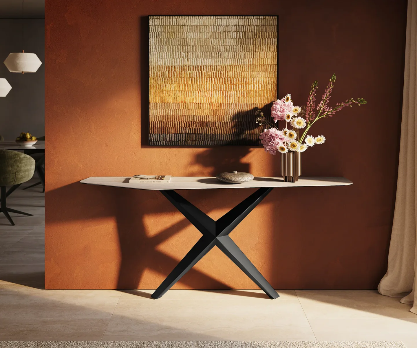 Konsolentisch Edge Polygonal 180x50 cm Keramik Laminam® Travertino Bianco Creme-Weiß Zentharo Metall Schwarz