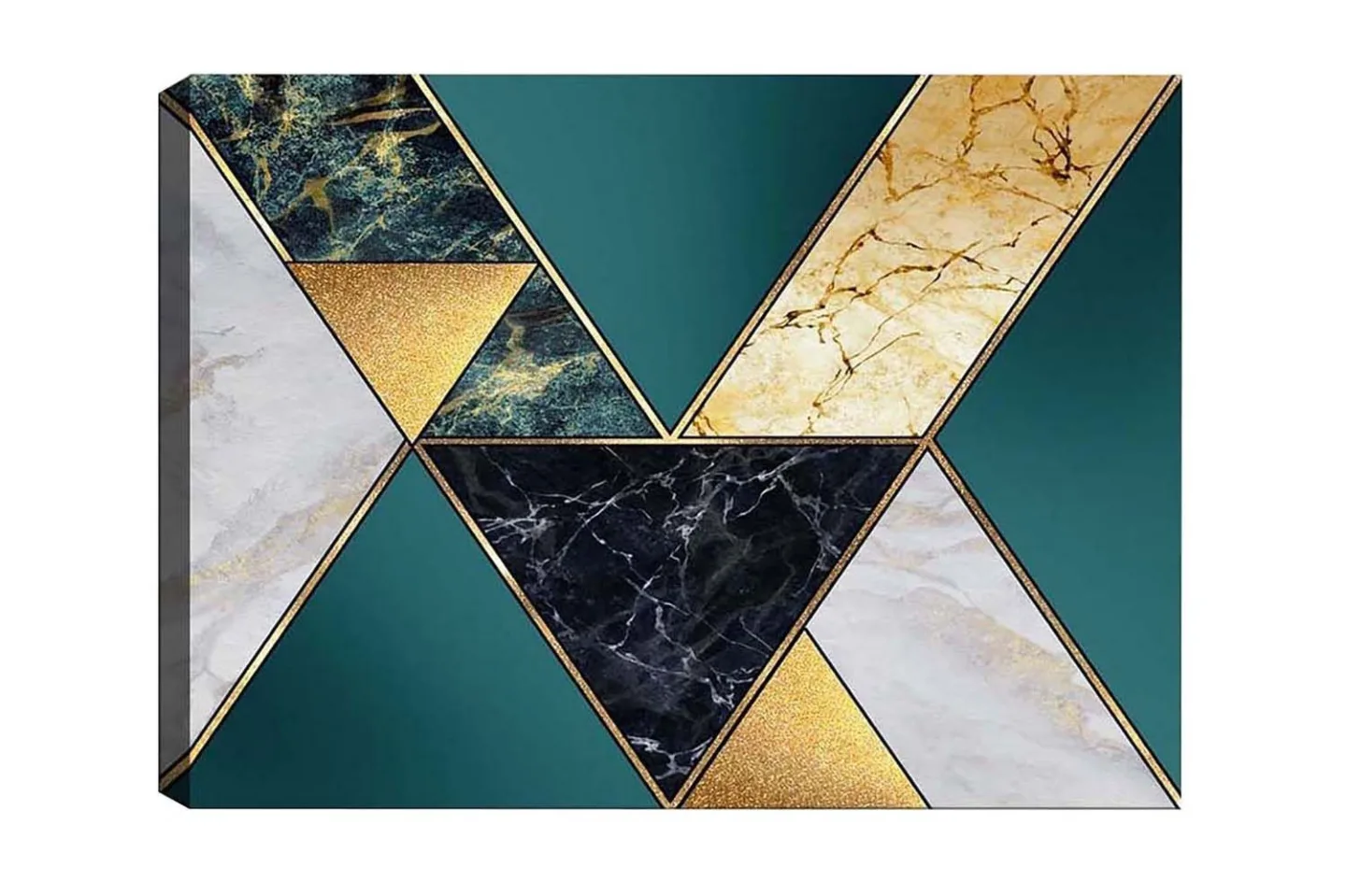 Canvastavla - Geometrisk komposition med trianglar i olika material och färger - Mörkgrön / Guld / Svart