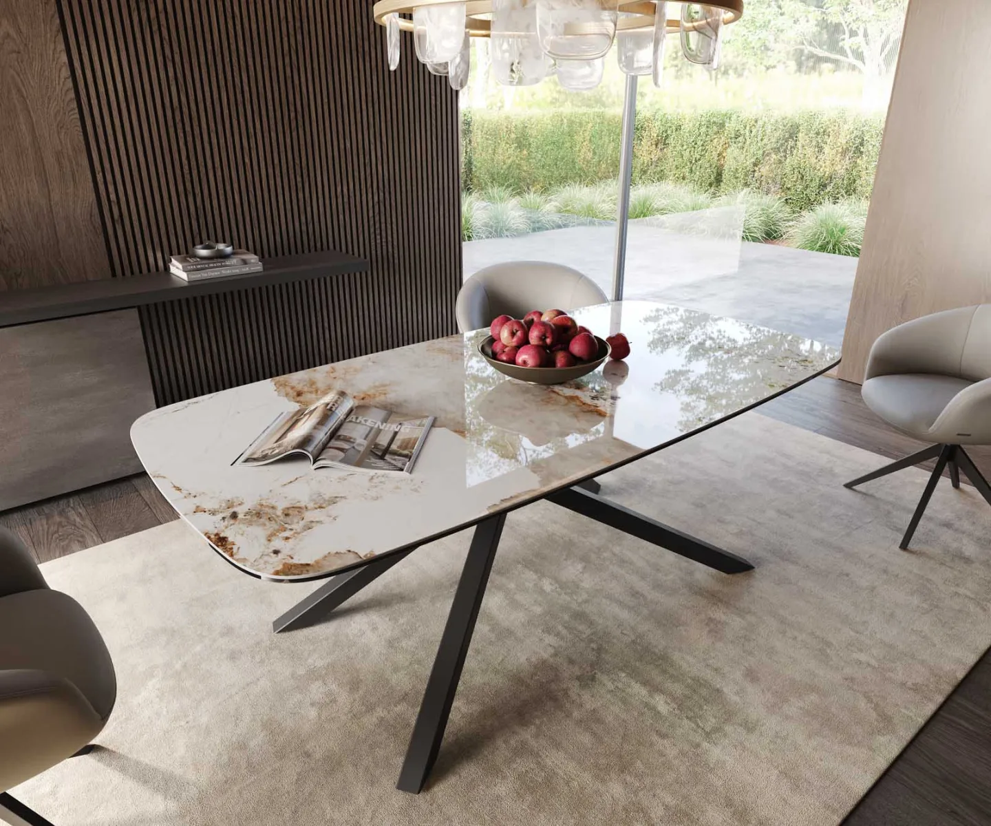 Esstisch Edge Boot 200x100 Keramik Minas Melange Weiß-Beige Kreuzgestell Rechteck Schwarz