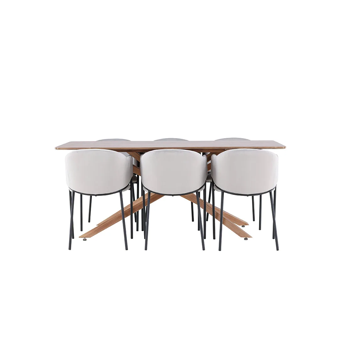 Piazza Essgruppe Tisch 90x180cm und 6 Velours Stühle mit Armlehnen mocca.