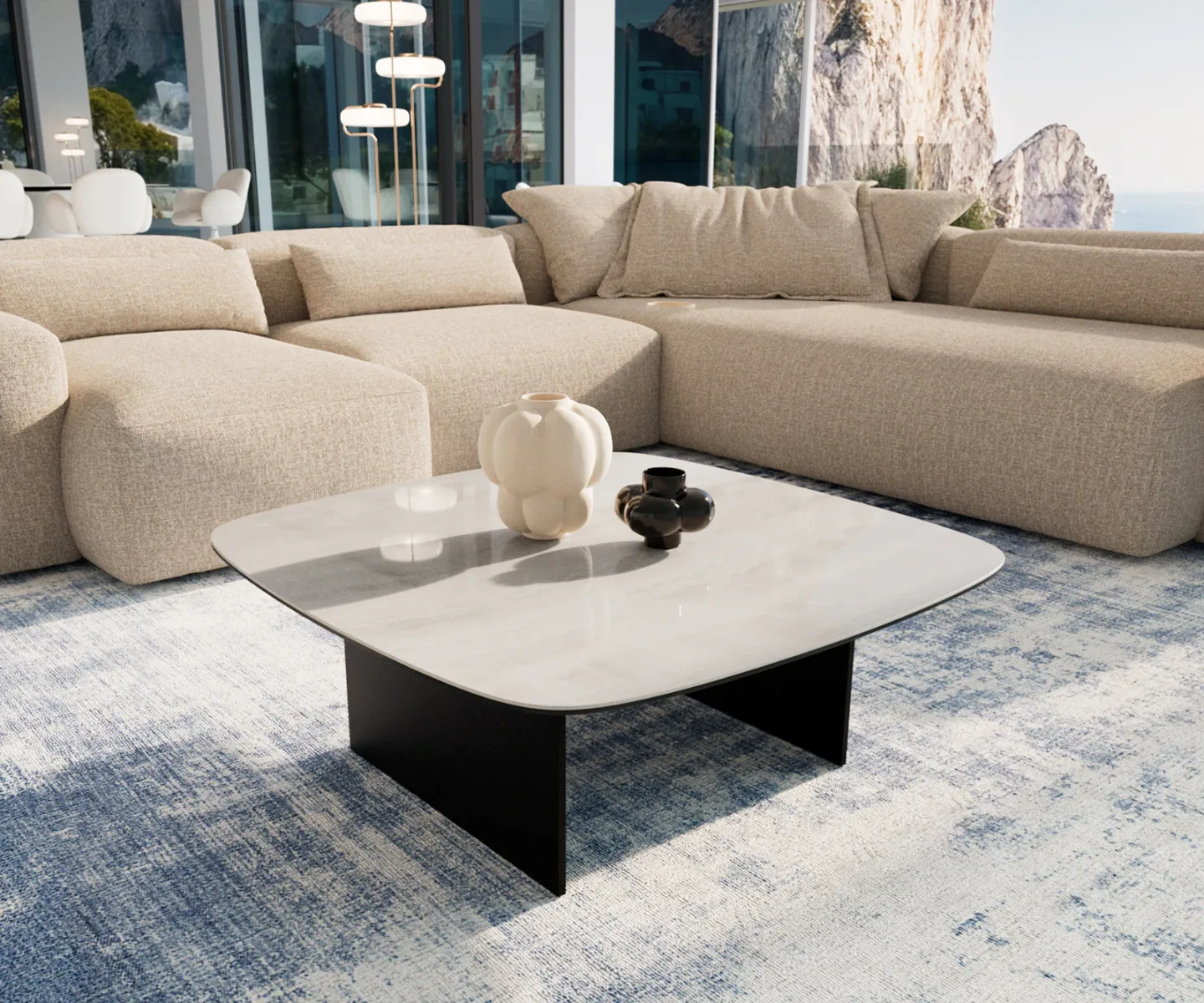 Couchtisch Edge Boot 90x90 cm Keramik Onyx Champagne Salto Metall Schwarz