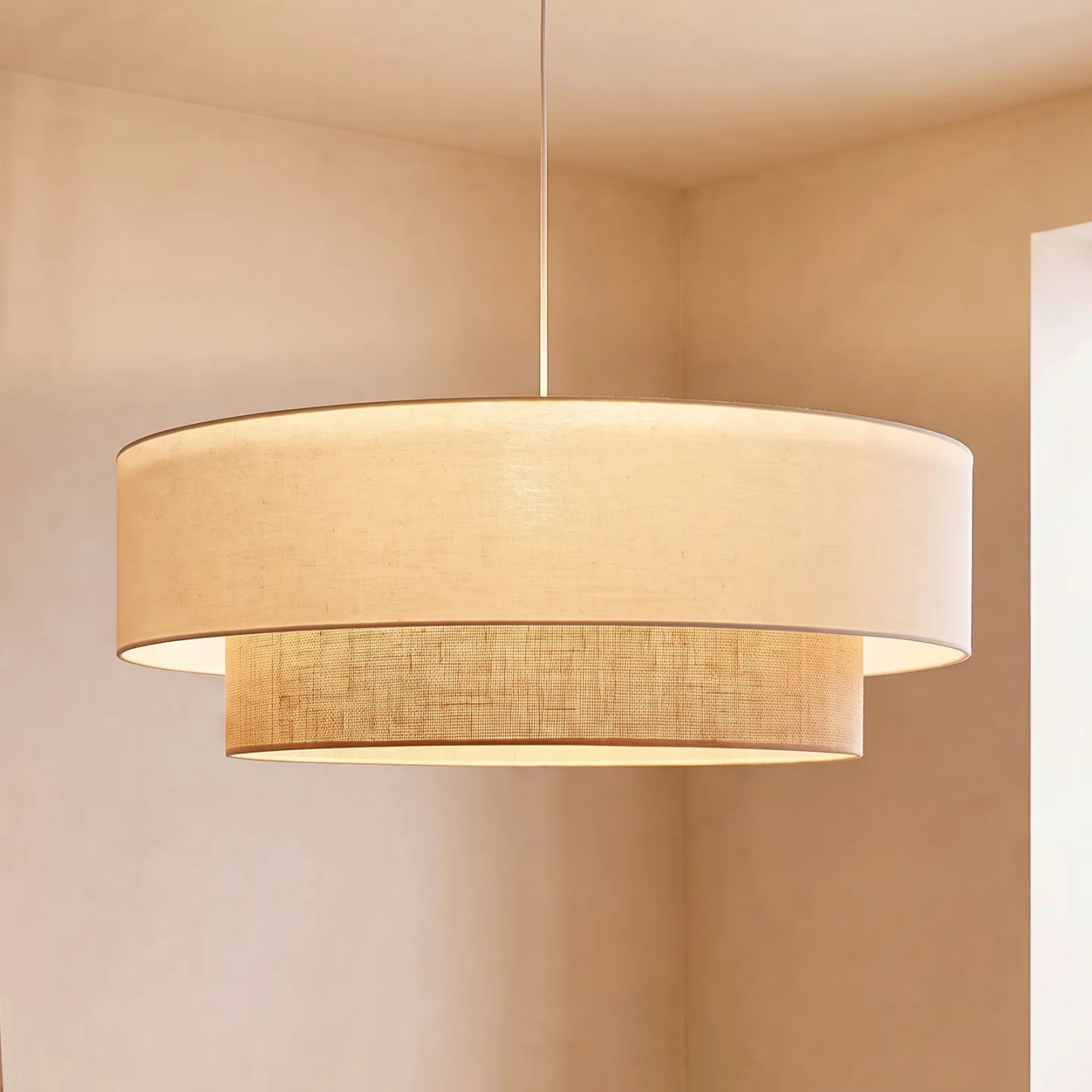 Boho-pendellampe, beige/jute, Ø 80 cm, tekstil, E27 – Duolla - Soveværelse - Stof / tekstil - Med én lyskilde