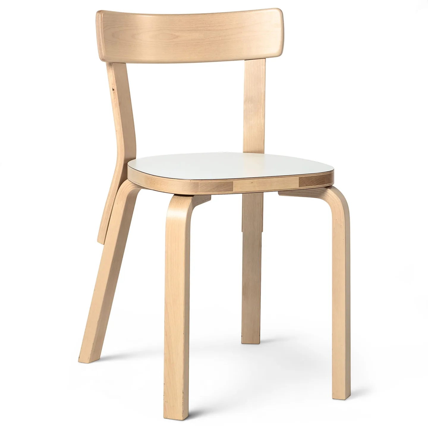 Artek - Stol 69, Klarlackade ben, Vit laminat sits - Matstolar - Alvar Aalto
