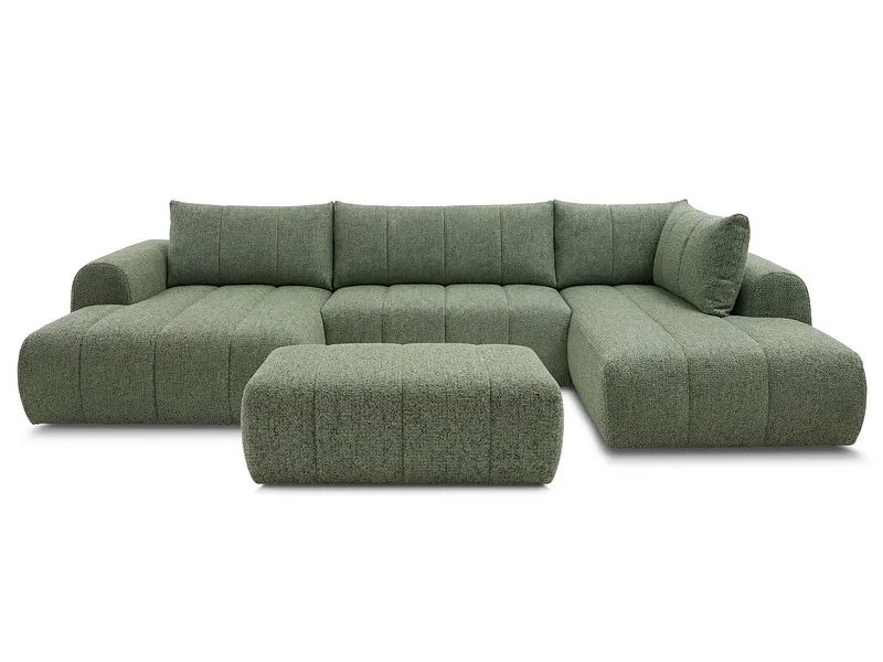 Panorama-Ecksofa mit Hocker BOBOCHIC NESTY Stoff chiniert hellgrün