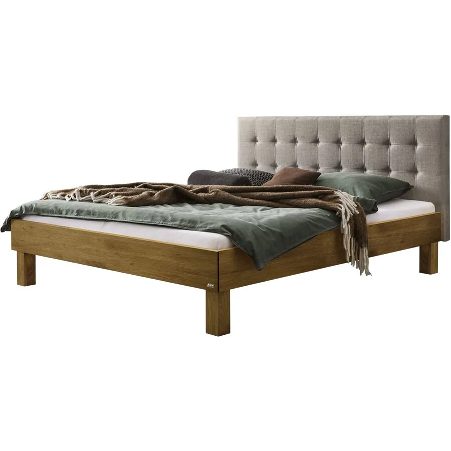 Hasena Bett Zoro Grau, Natur Eiche, Stoff Massivholz 140 x 200 cm