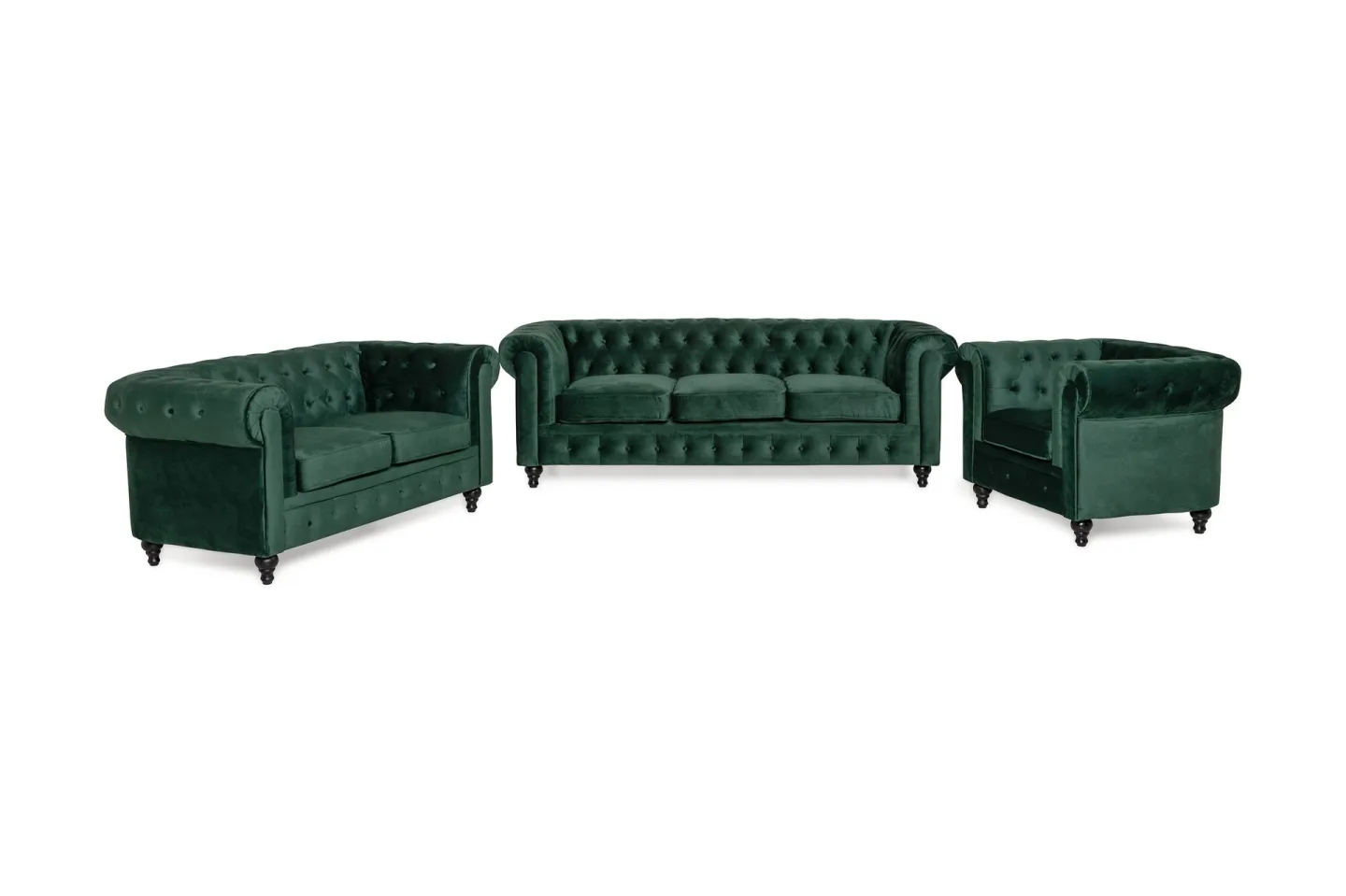 Chesterfield Lyx Soffgrupp 3+2+1 i Sammet - Mörkgrön / Grön
