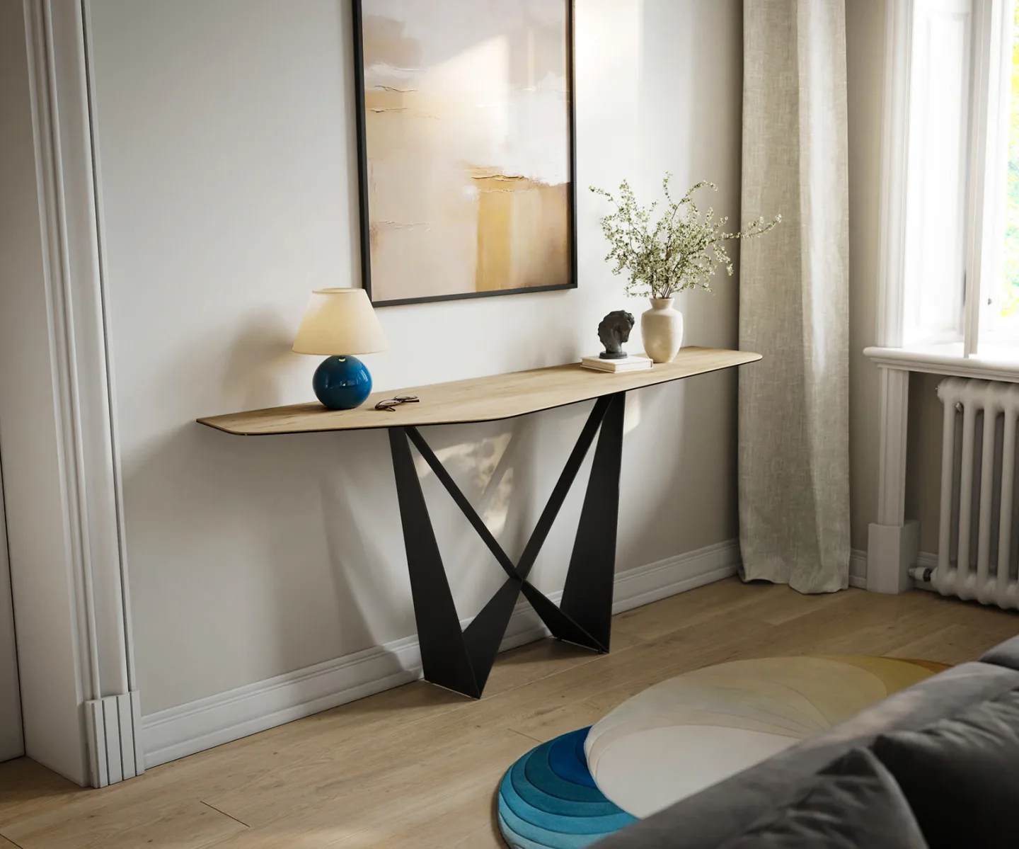 Konsolentisch Edge Polygonal 180x50 cm Keramik Laminam® Sabbia Eichefarbig Spios Metall Schwarz