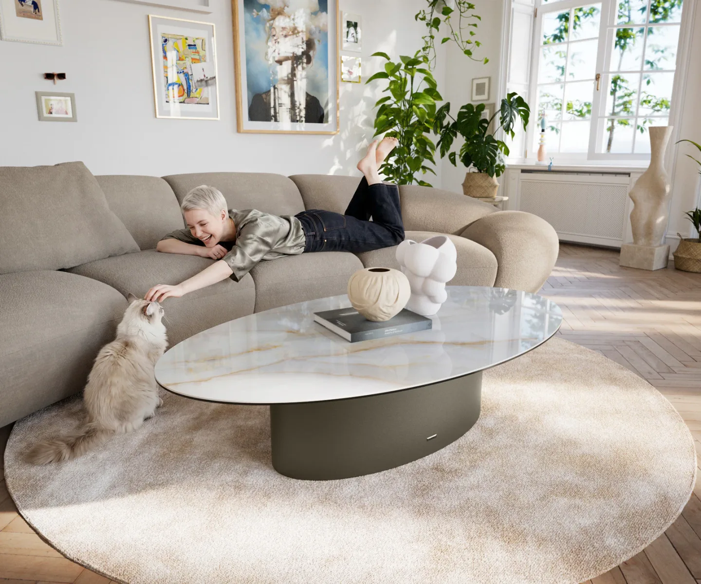 Couchtisch Edge Oval 140x80 cm Keramik Onyx Pearl Casilda Effektfinish Titan