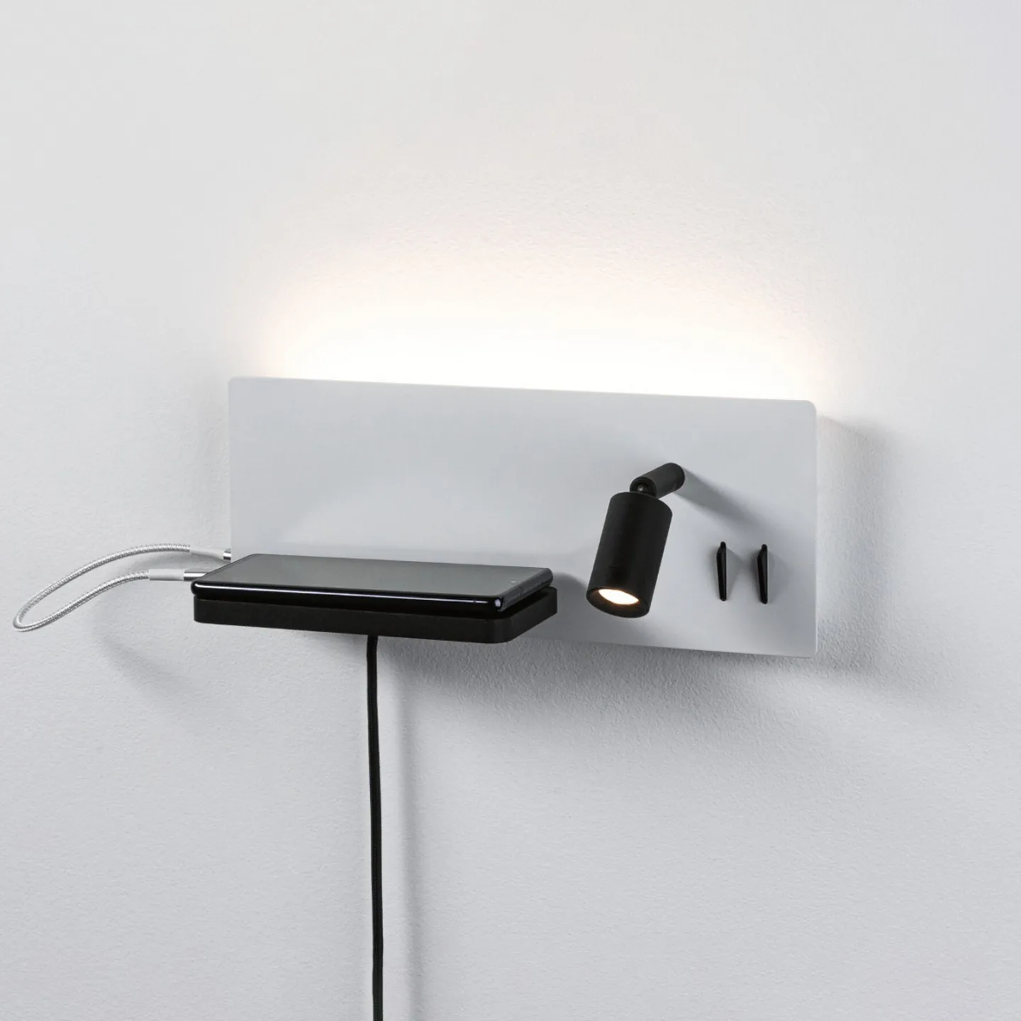 LED-Wandlampe Serra, links, USB-C, weiß/schwarz - Paulmann - Schlafzimmer - Modern - Messing - Eckig